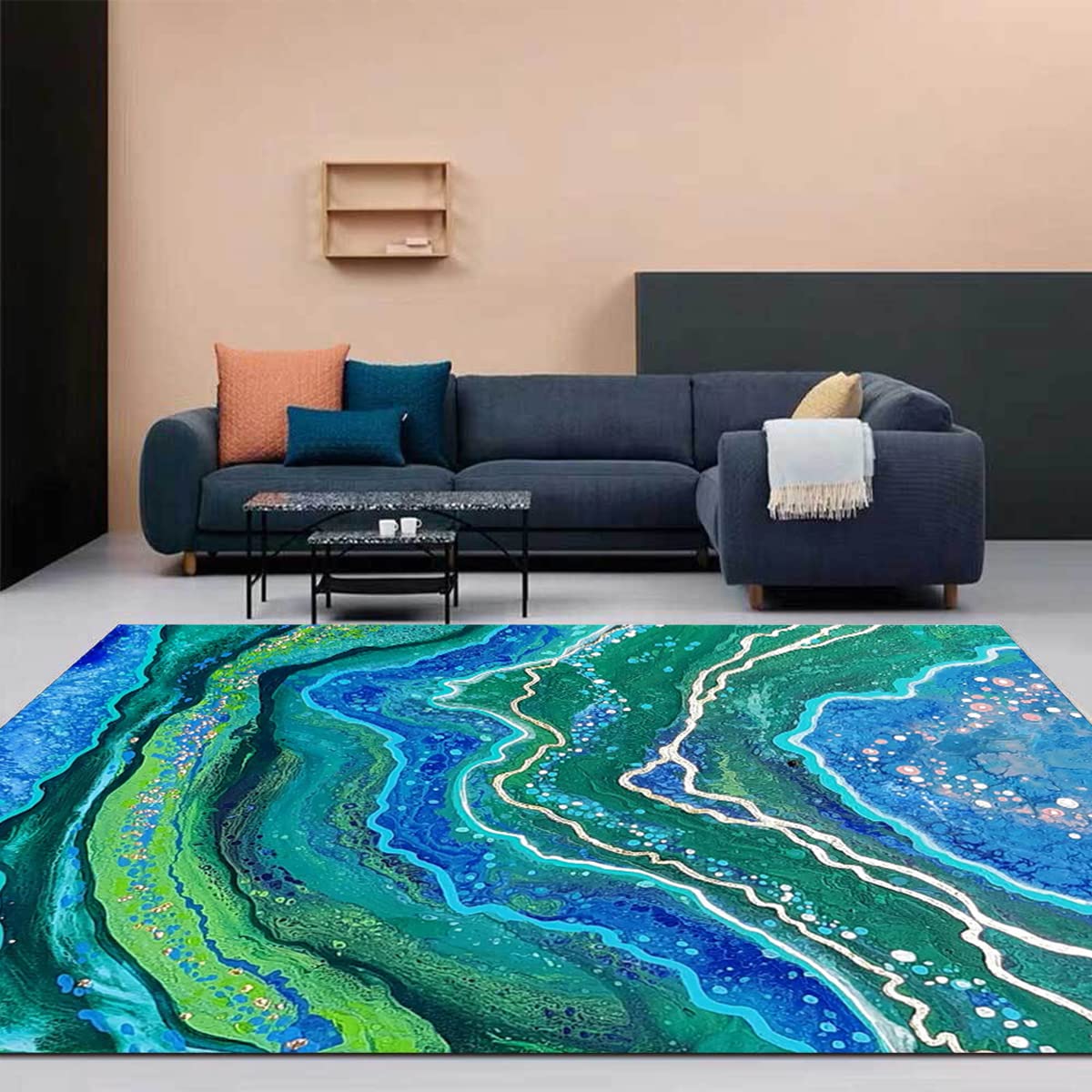 Emerald Green Blue Marble Swirl Striped Area Rug - 6x9 Feet Machine Washable Thick Soft Carpet for Living Room, Nursery, Bedroom, Dining Room, Playroom & Office - Modern Multi-Purpose Accent Rug for Home Decor & Comfort