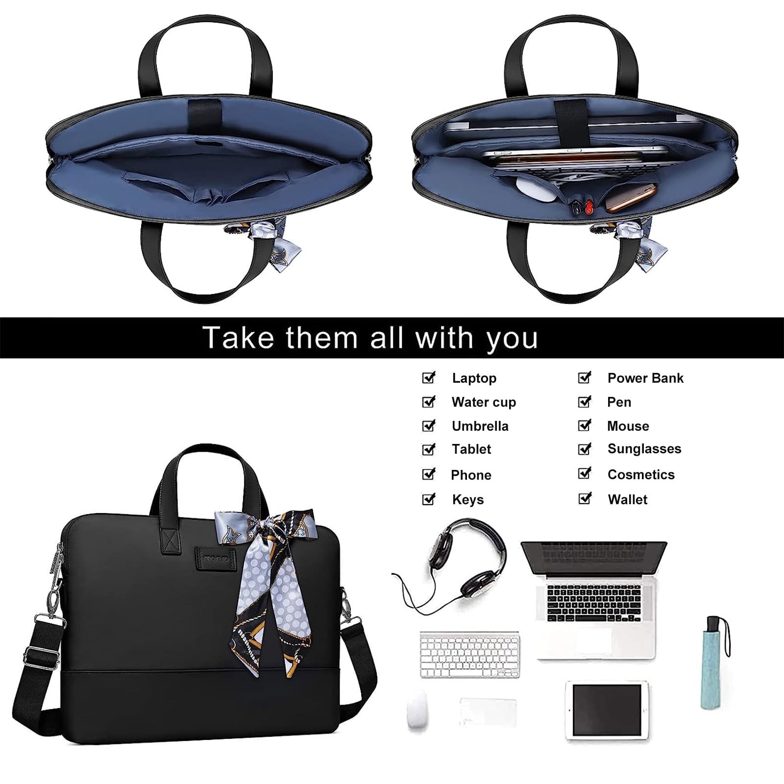 MOSISO 15.6 Inch Laptop Bag for Women - Stylish Computer Briefcase Compatible with MacBook Pro 16 Inch, HP, Dell, Lenovo, Asus, Razer Notebook, Includes Shoulder Strap & Silk Scarf, Black - Perfect for Work, Travel, and Everyday Use