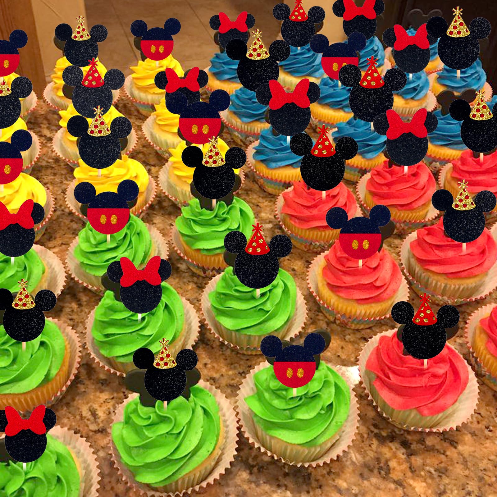 25Pcs Mickey Mouse Cake Toppers - Gold Star Glitter Cupcake Decorations with White Gloves for Birthday Party Supplies | Perfect for Birthday Cakes, Baby Showers & Disney Themed Celebrations