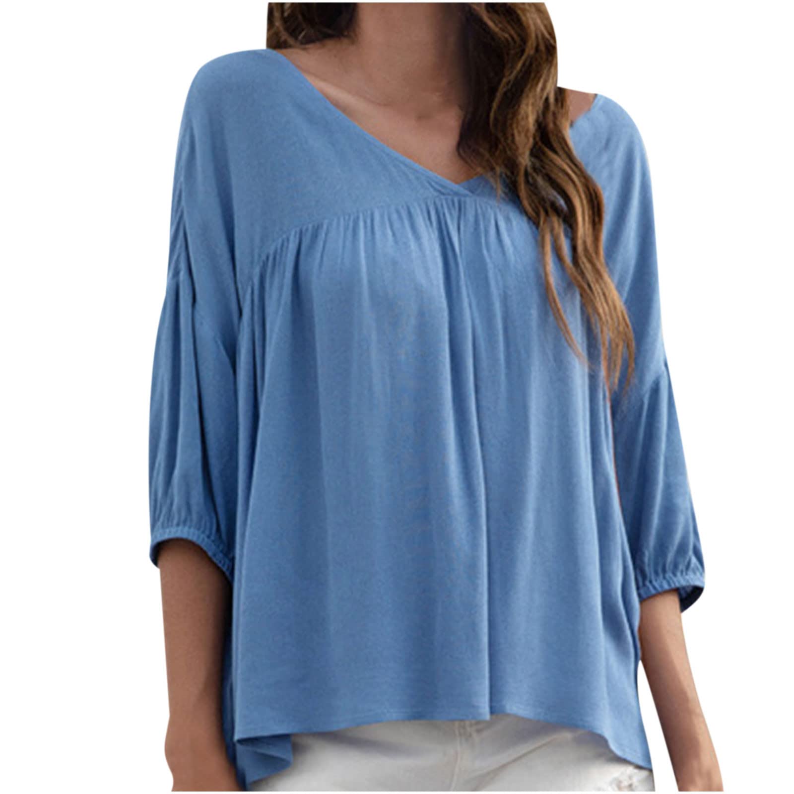 NeroHusy Women's 3/4 Sleeve V-Neck Blouse - Elegant Loose Fit Work Shirt, Lightweight Three Quarter Sleeve Tops for Office, Business Casual & Everyday Wear