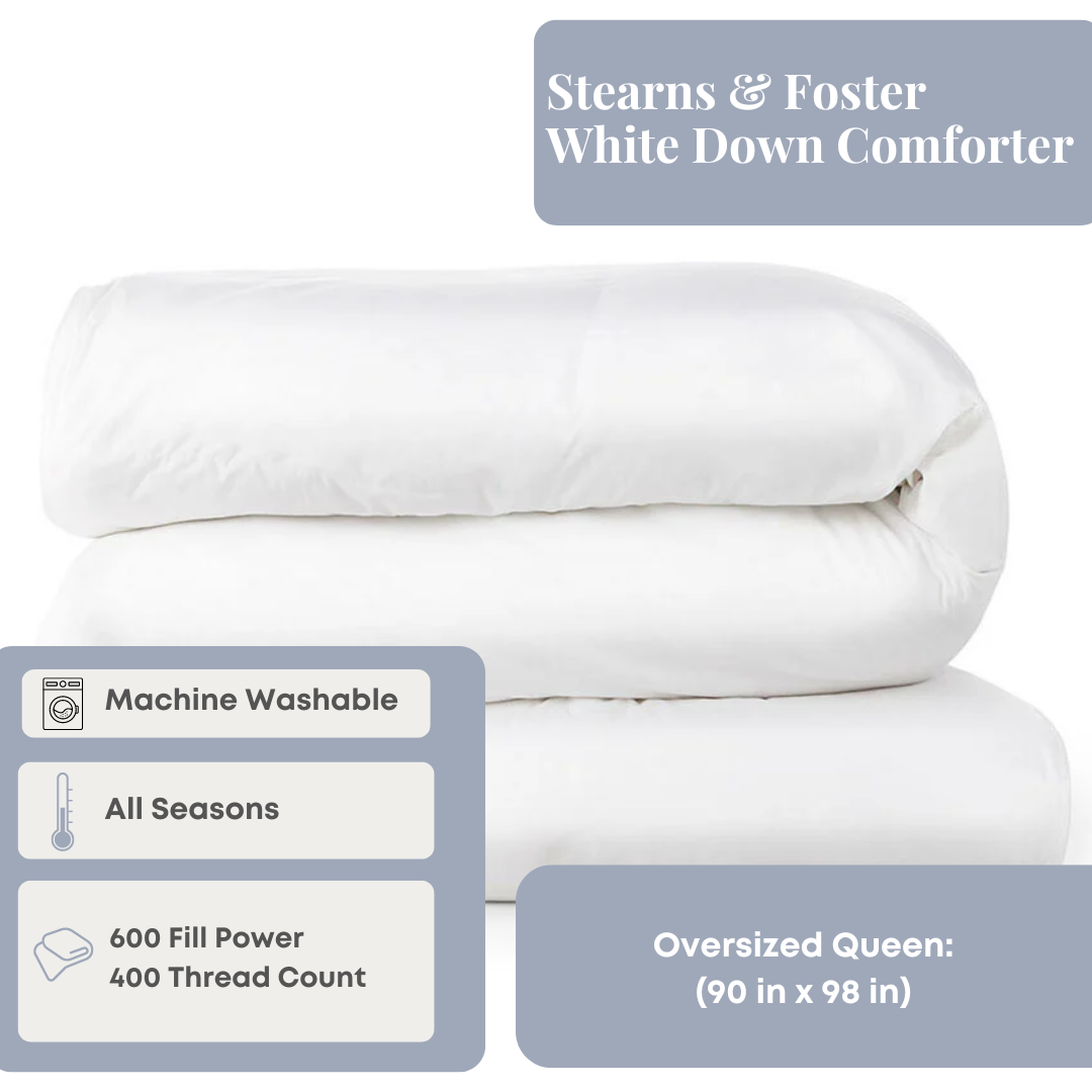 Premium Stearns & Foster White Down Comforter - All Season King/Queen Size 600 Fill Power Goose Down Duvet Insert with 400 Thread Count for Ultimate Warmth & Comfort | Perfect for Bedroom, Guest Room & Cozy Winter Nights