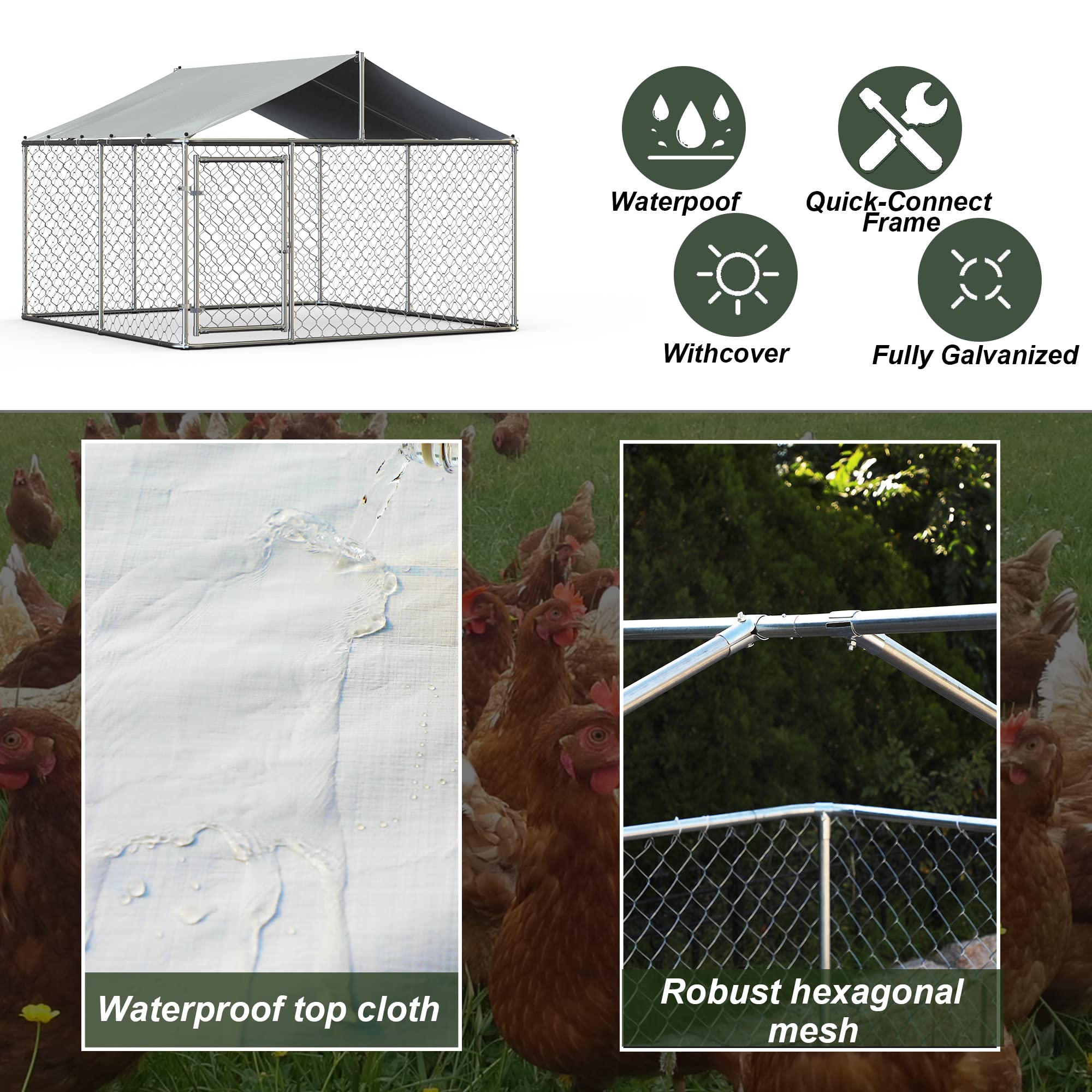 Heavy Duty 10x10x6ft Galvanized Steel Outdoor Dog Kennel - Chain Link Dog Run Playpen with UV & Waterproof Cover & Secure Lock - Durable Puppy Exercise Pen for Backyard, Garden & Pet Safety