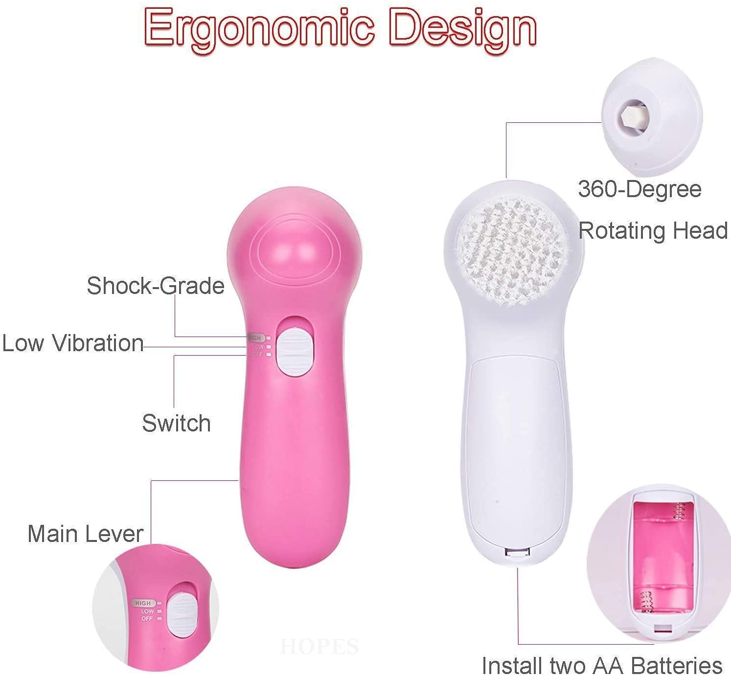 HOPES 5-in-1 Waterproof Facial Cleansing Brush Set with 5 Replaceable Brush Heads - Gentle Exfoliating, Blackhead Removal & Deep Pore Cleansing for Daily Skincare Routine at Home or Travel
