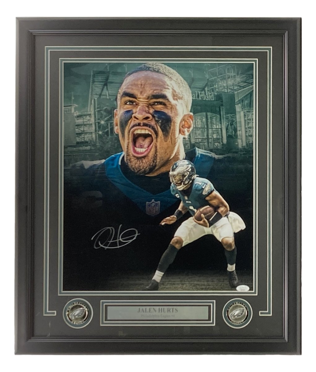 Authentic Jalen Hurts Autographed 16x20 Framed Philadelphia Eagles Scream Collage Photo with JSA COA - Perfect for Eagles Fans, Sports Memorabilia Collectors, and Man Cave Decor