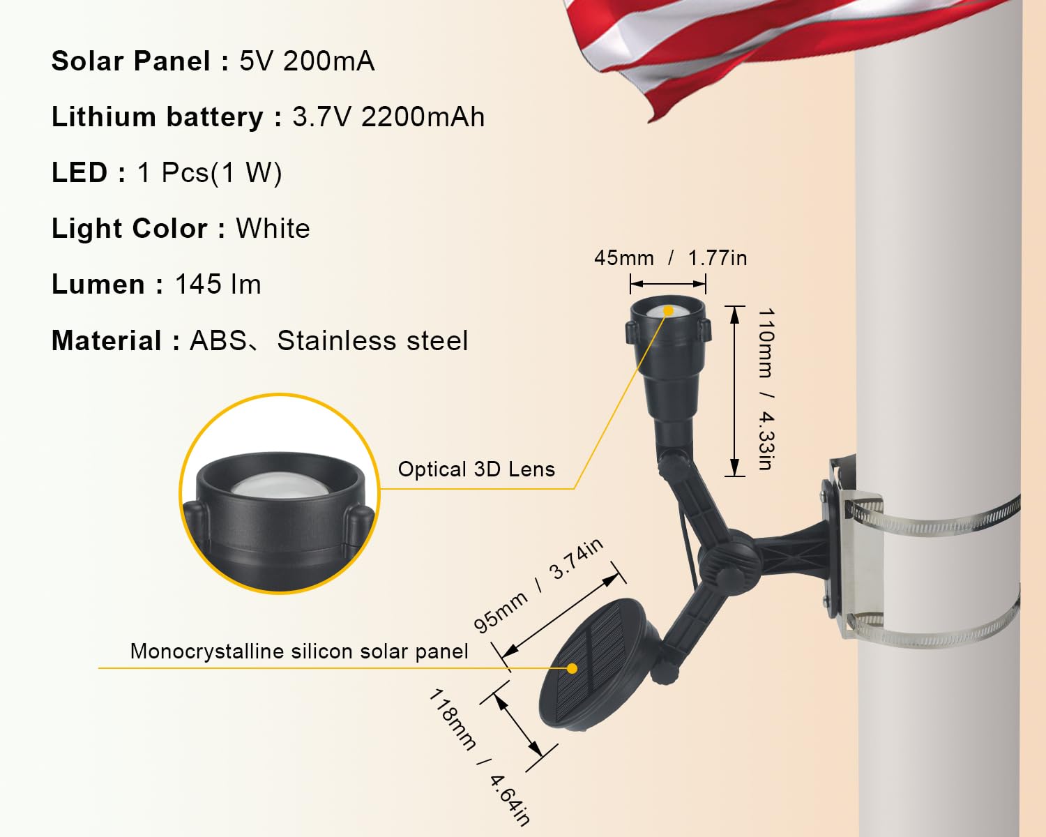 Solar Flag Pole Light - Super Bright LED Spotlight with Adjustable Bracket & Metal Clamp for 2-3.5