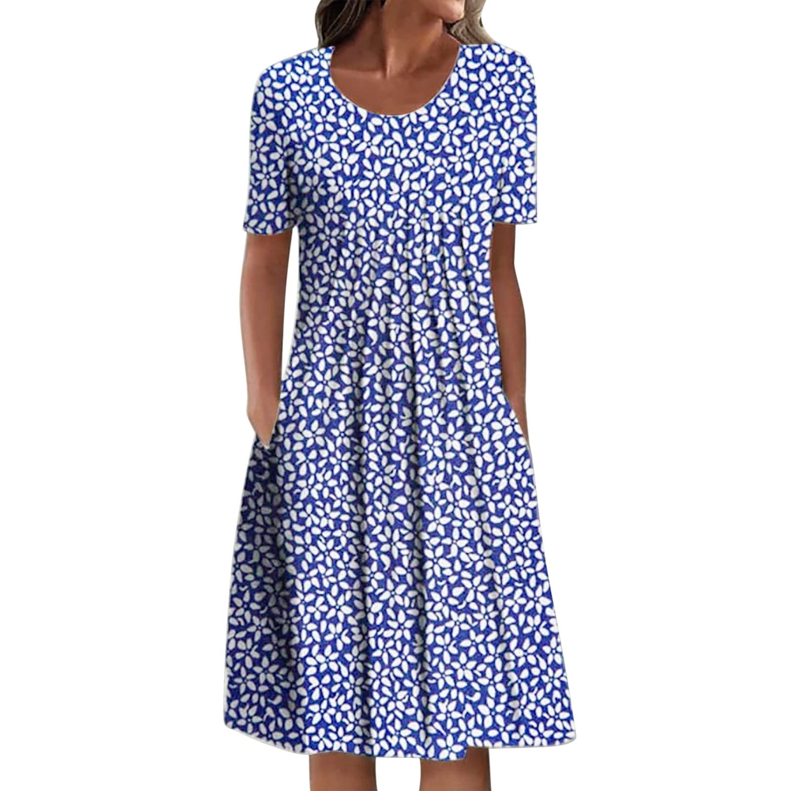 Women's Summer Casual V-Neck Floral Print Short Sleeve Dress with Pockets - Empire Waist A-Line Sundress for Wedding Guest, Beach Vacation, and Outdoor Parties