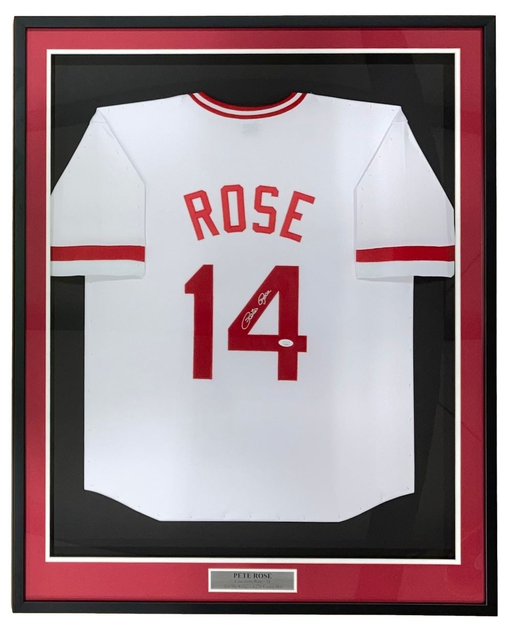 Pete Rose Cincinnati Reds Autographed White Baseball Jersey with JSA Hologram - Signed Memorabilia for Sports Fans & Collectors - Perfect for Man Cave, Sports Bar, or Gift for Baseball Enthusiasts