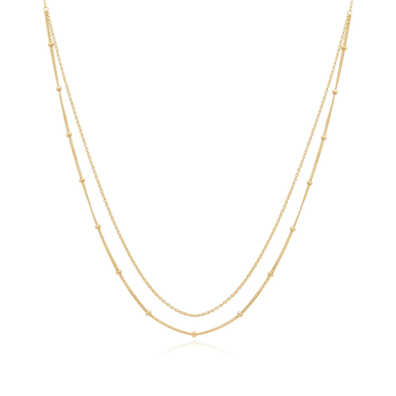 14K Solid Yellow Gold Beaded & Cuban Double Layer Chain Necklace - Elegant Layered Necklace for Women, Perfect for Parties, Weddings & Everyday Wear