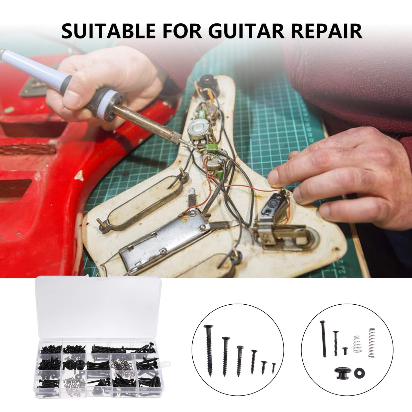 EXCEART 9-Piece Guitar Repair Screw Kit - Includes Guitar Spring, Strap Buttons, Mounting Tools for Electric Guitar Bridge, Pickup, Pickguard, Tuner & Neck Plate (Black) - Perfect for DIY Guitar Maintenance & Hardware Replacement