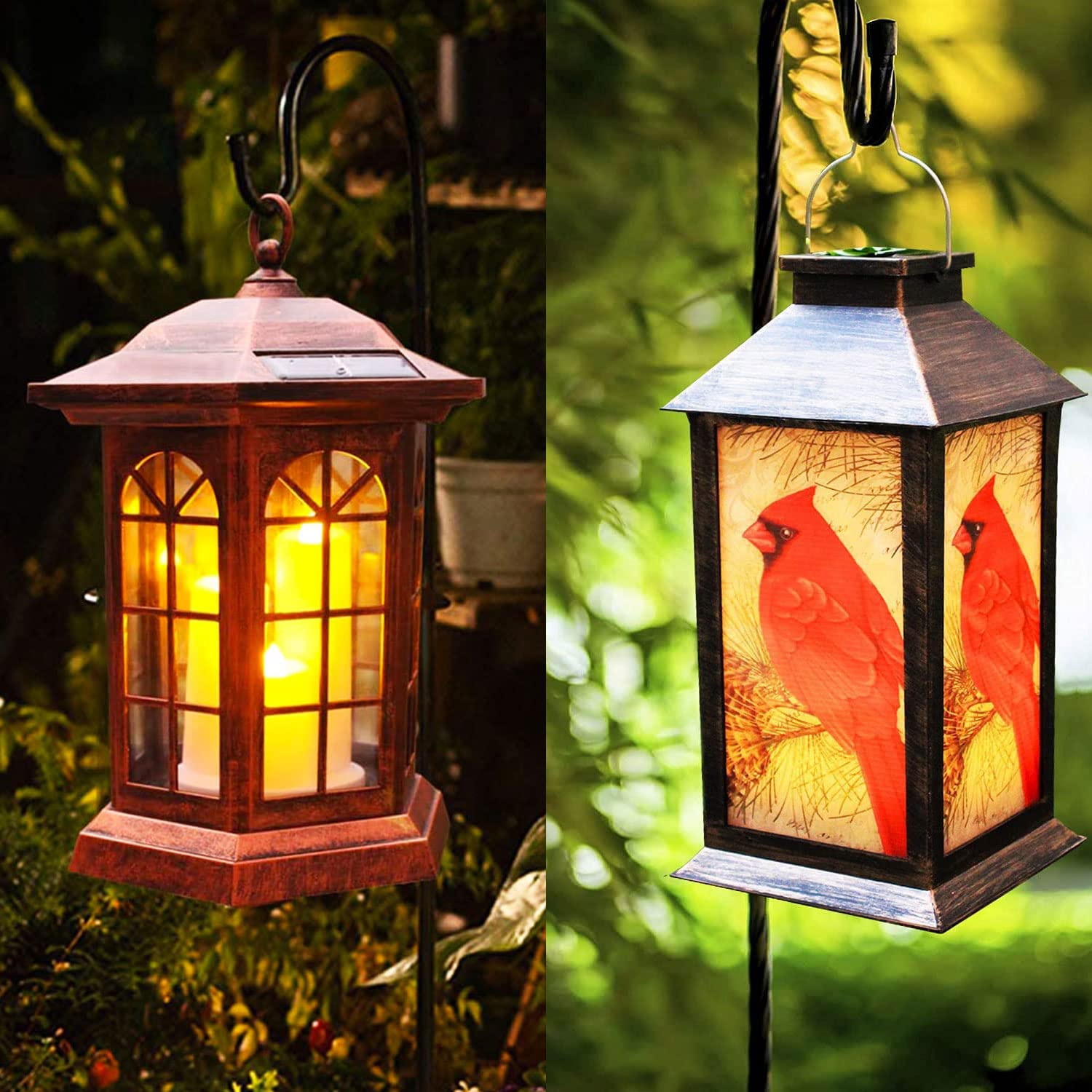 Solar Powered Outdoor Hanging Lanterns - Waterproof LED Garden Lights with 3 Flickering Flameless Candles & Ground Plug | Perfect for Patio, Yard, Backyard Decor & Christmas Holiday Lighting