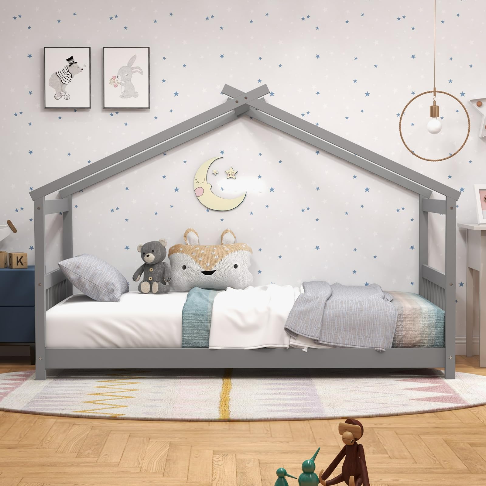 KOMFOTT Twin Wood House Bed for Kids - Low Profile Floor Bed Frame with Roof, Headboard & Footboard - Montessori Style Tent Bed for Toddlers, Boys & Girls - No Box Spring Needed (Grey) - Perfect for Bedrooms, Playrooms & Montessori Learning Spaces