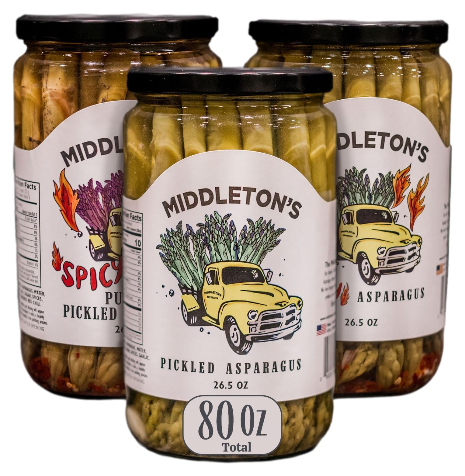 Middleton Farms Pickled Asparagus Variety Pack - 3 Jars of Farm-Fresh Purple, Green & Spicy Pickled Asparagus | USA Made, Farm to Table | 26.5oz Each | Perfect for Charcuterie Boards, Gifts & Gourmet Cooking