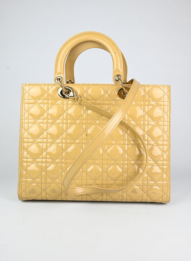 Dior Lady Dior Large Glossy Beige Leather Handbag - Luxury Designer Tote for Women, Perfect for Office, Party & Evening Events