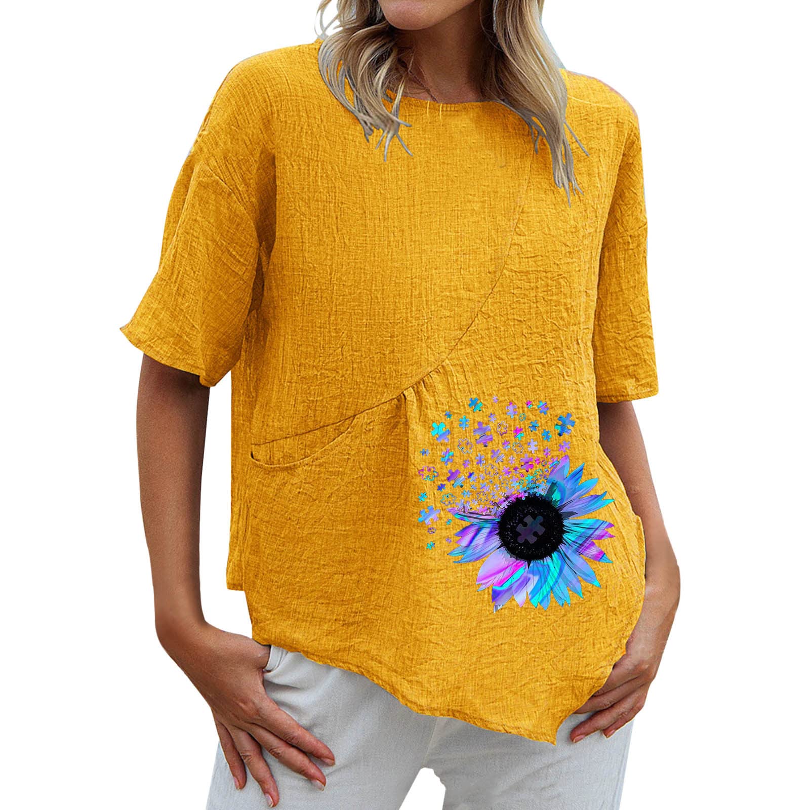 Women's Sunflower Print Crew Neck Short Sleeve T-Shirt - Soft Cotton Linen Blend Casual Top for Summer, Workout & Everyday Wear
