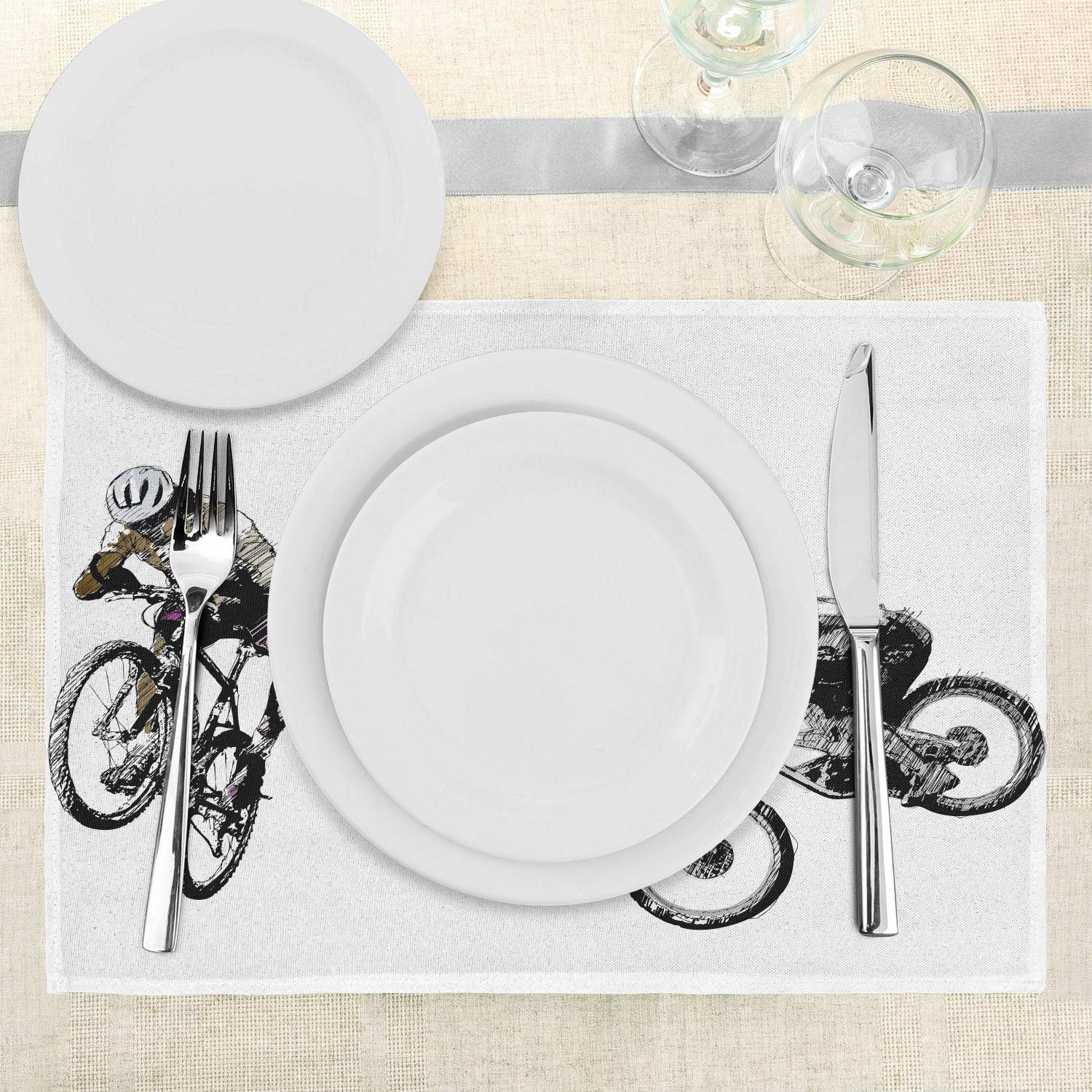Ambesonne Sketchy Place Mats Set of 4 - Hand Drawn Cyclists Bicycle Design with Tour De France Theme, Washable Fabric Table Mats for Dining Room & Kitchen Decor in Black and White | Perfect for Cycling Enthusiasts, French-Themed Dinners & Outdoor Dining Events