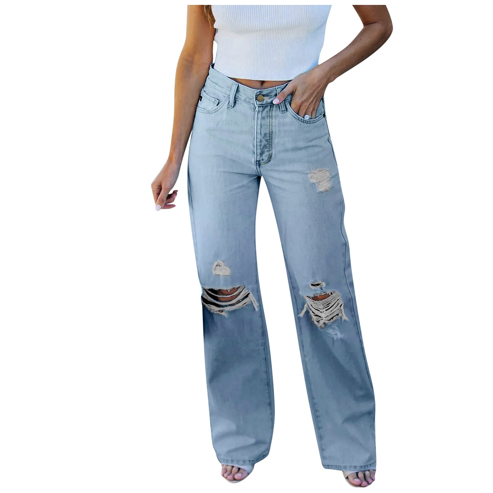 Vintage High Waisted Mom Jeans for Women - Distressed Ripped Flare Denim Pants with Hole Waist Design | Perfect for Casual Outfits, Streetwear & Retro Fashion Looks