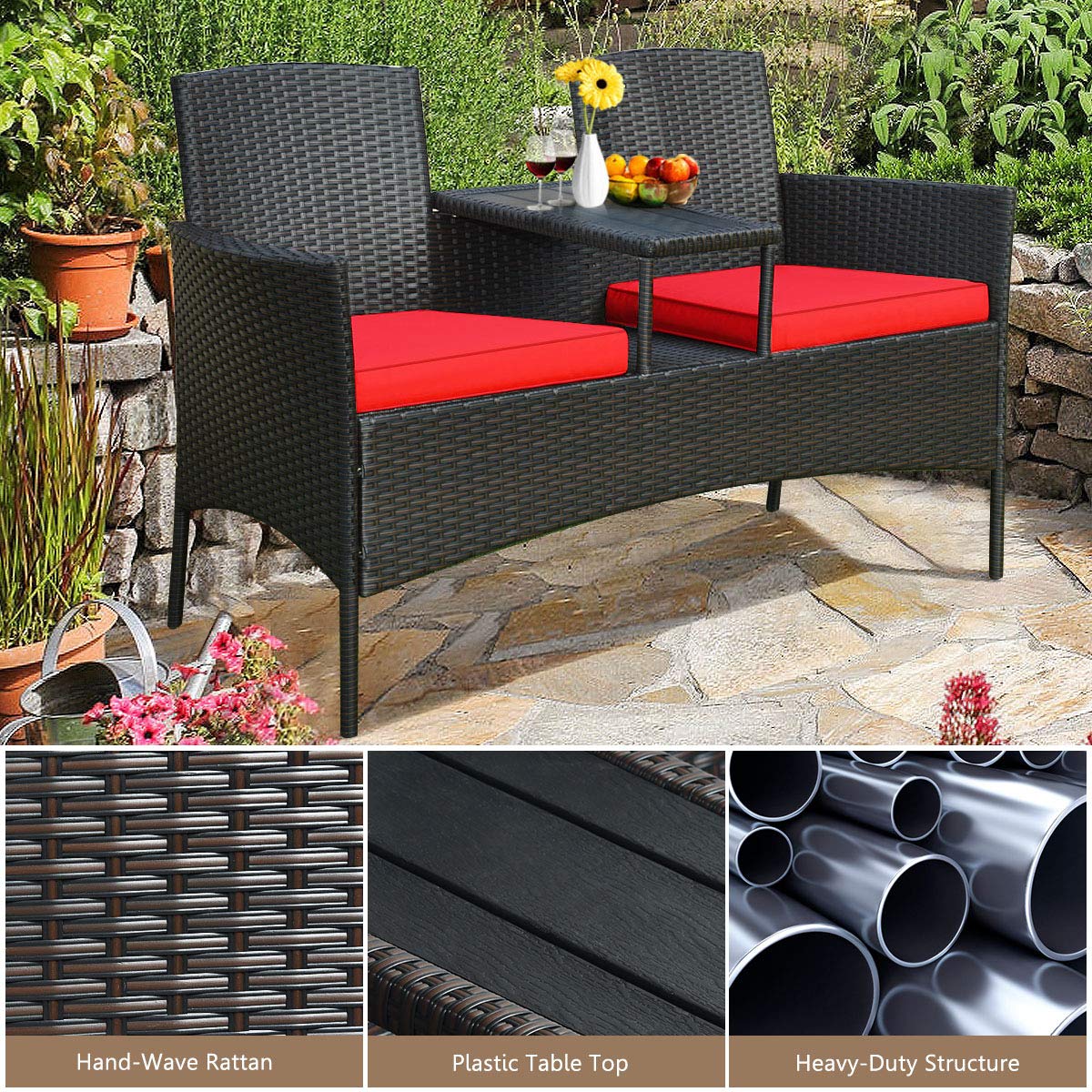 Outdoor Rattan Wicker Loveseat Patio Set with Removable Cushions & Coffee Table - Garden Lawn Backyard Conversation Furniture for Relaxing & Entertaining