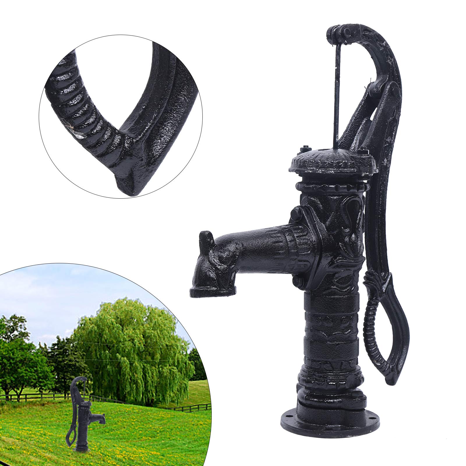 CNCEST Manual Hand Water Pump - Cast Iron Outdoor Well Pump for Yard, Pond & Garden - 26ft Max Pressure Head - Durable Suction Pitcher Pump (Black) - Ideal for Off-Grid Water Supply, Irrigation & Emergency Use