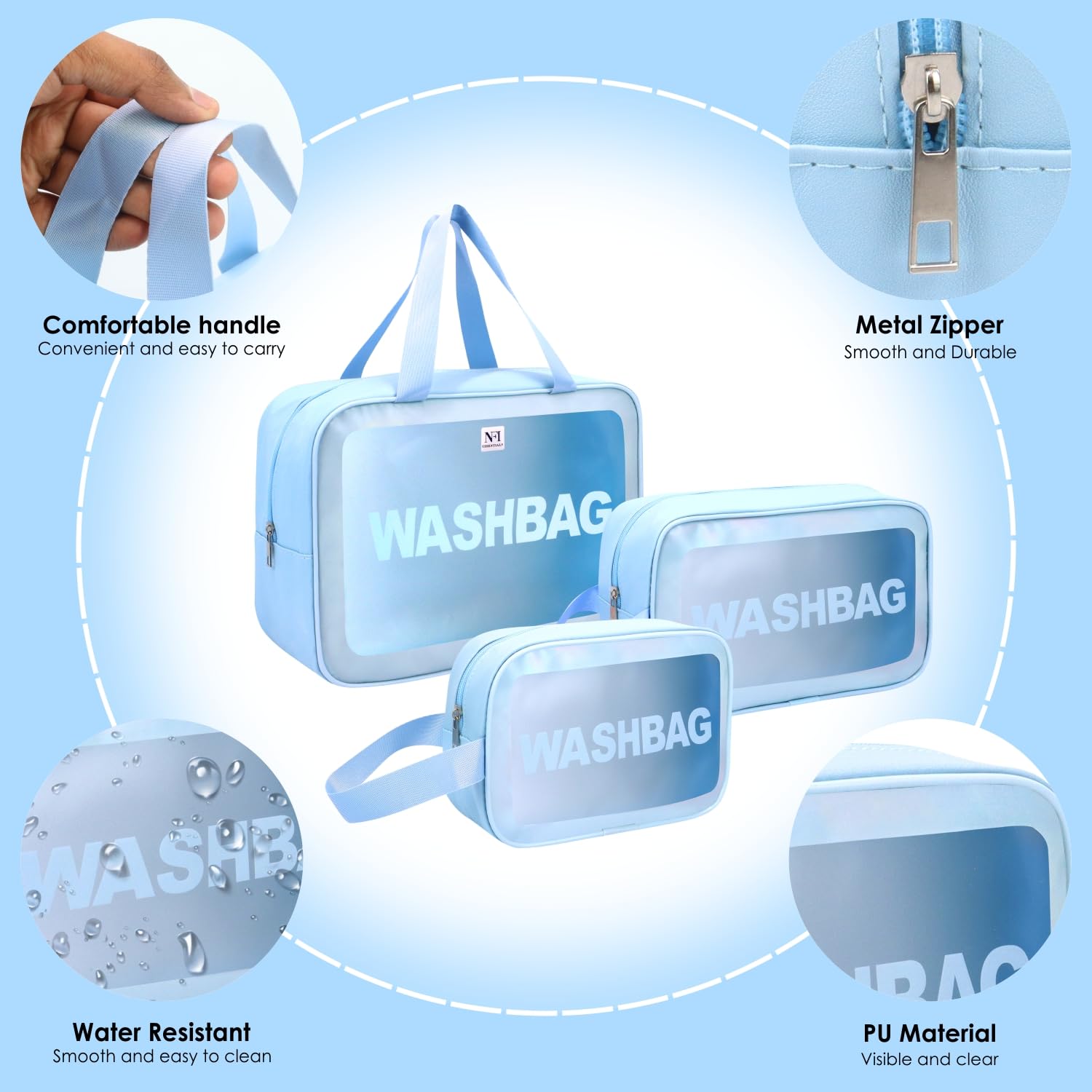 NFI Essentials 3-Pack Clear Wash Bag Pouch - Waterproof Cosmetic Organizer for Women, Travel Makeup Bag, Portable Toiletry Storage - Perfect for Gym, Vacation & Daily Use