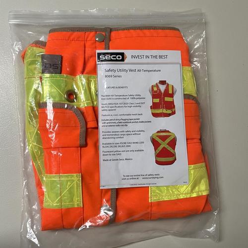High Visibility SECO Class 2 Surveyor's Safety Vest with Breathable Mesh Back - Orange, Medium (44-46