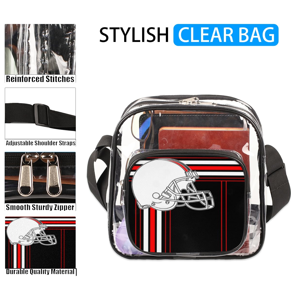 Mularoka Clear Crossbody Purse Bag - Football Helmet Design, Black & Red Stadium Approved Clear Bag for Sports Events, Concerts & Festivals | Perfect for Women & Men | Waterproof & Durable for Outdoor Activities