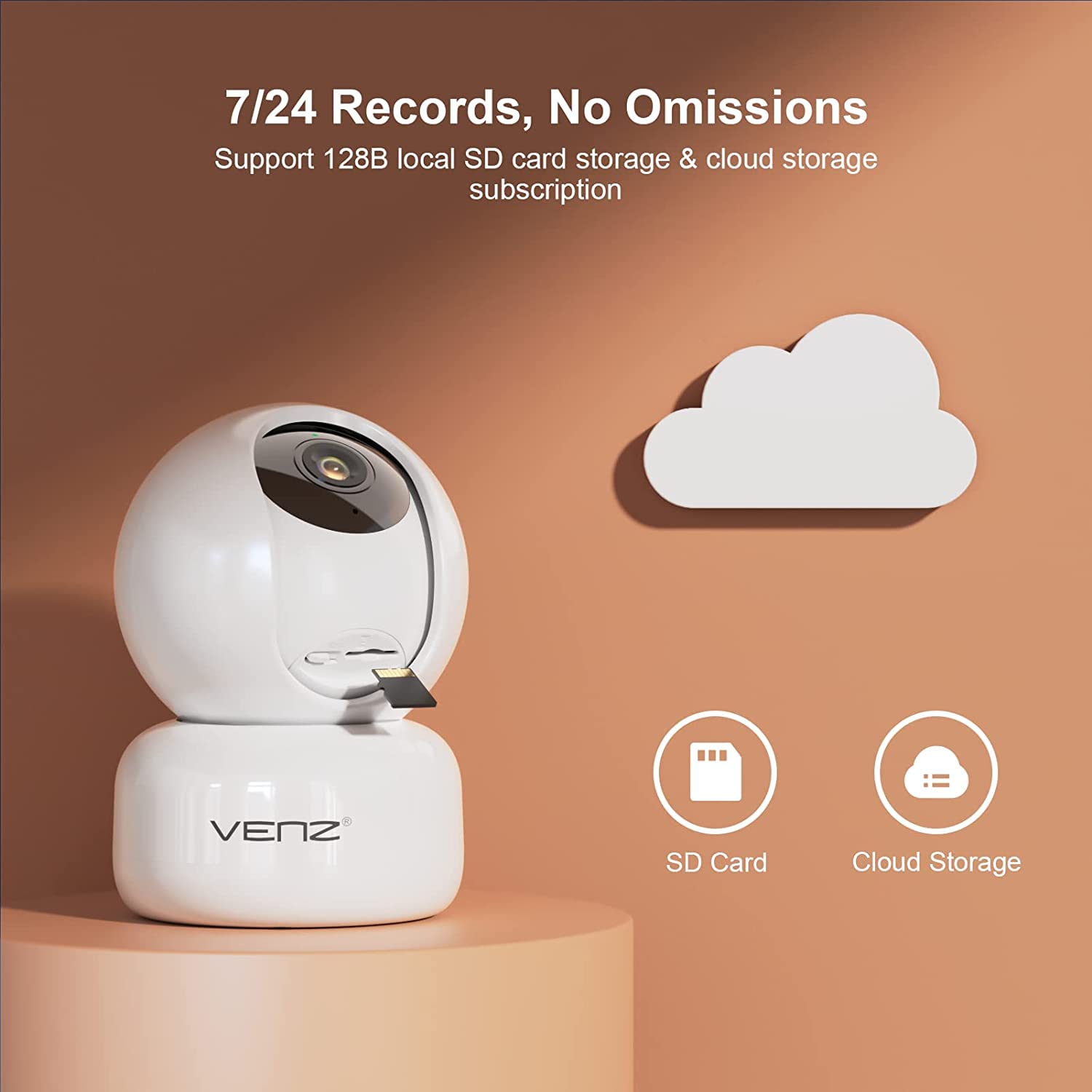 VENZ 1080P Indoor Security Camera with 360° PTZ, 2.4G WiFi, Motion Detection & Tracking, 2-Way Audio, Night Vision - Pet/Baby Monitor with Phone App, Cloud/SD Storage (2 Pack) for Home, Nursery & Pet Safety