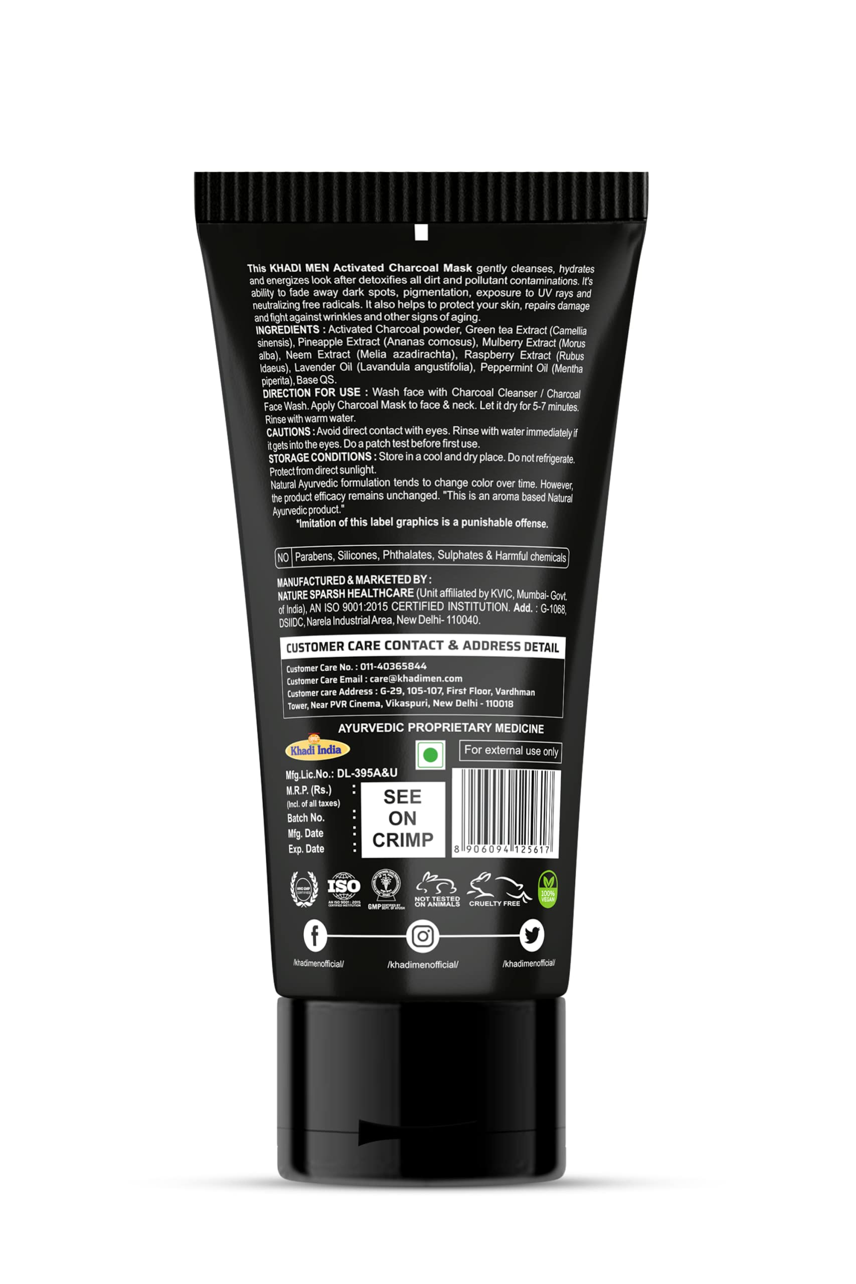 Khadi Men's Activated Charcoal Face Mask with Vitamin E - Deep Pore Cleansing, Blackhead Removal & Detoxifying Treatment | Paraben & Sulphate Free (100g) | Perfect for Men's Daily Skincare Routine & Post-Workout Cleansing