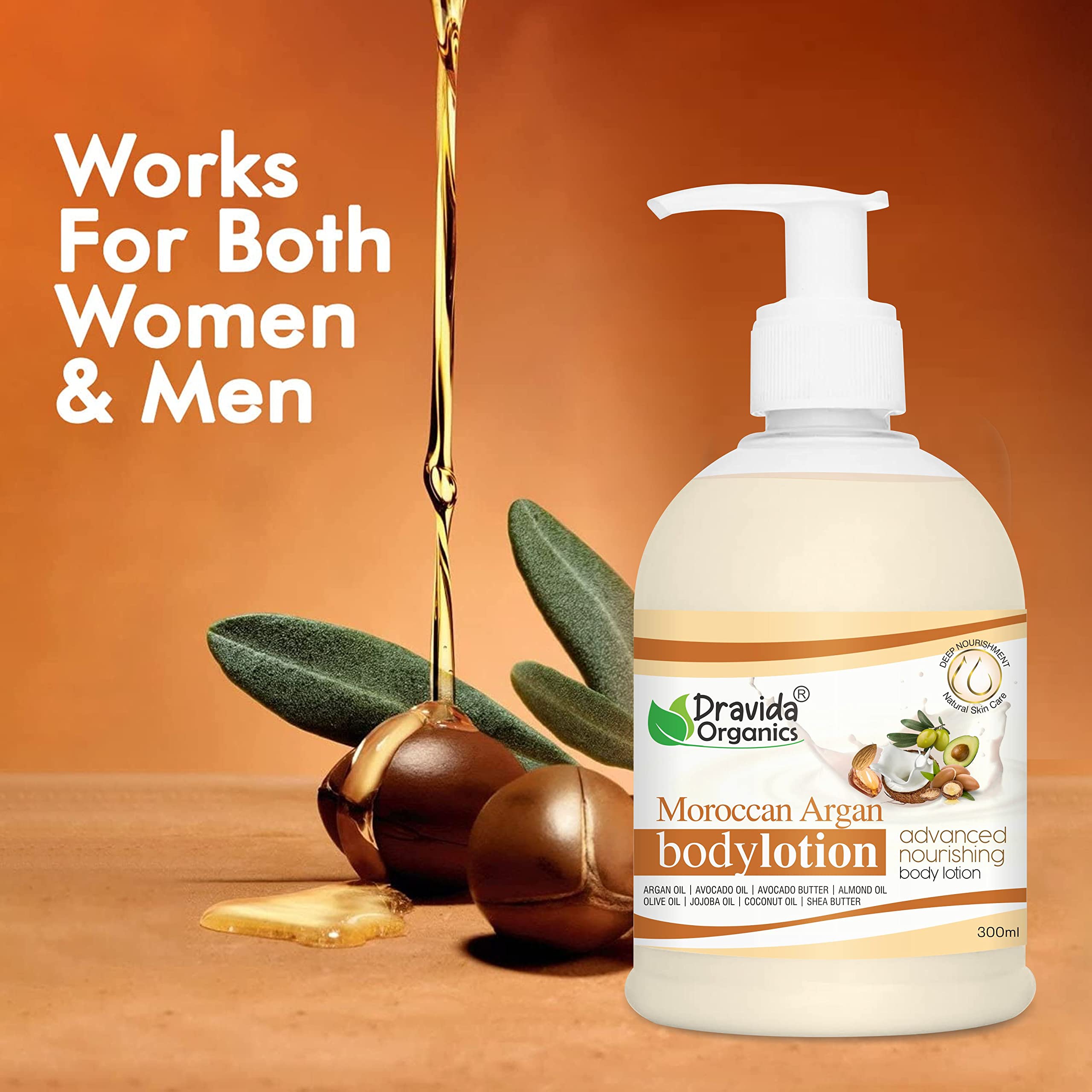 Dravida Organics Moisturizing Body Lotion with Argan Oil & Avocado Oil - 300ml for Dry, Sensitive & All Skin Types | Hydrating & Nourishing Skin Care for Daily Use & After Shower