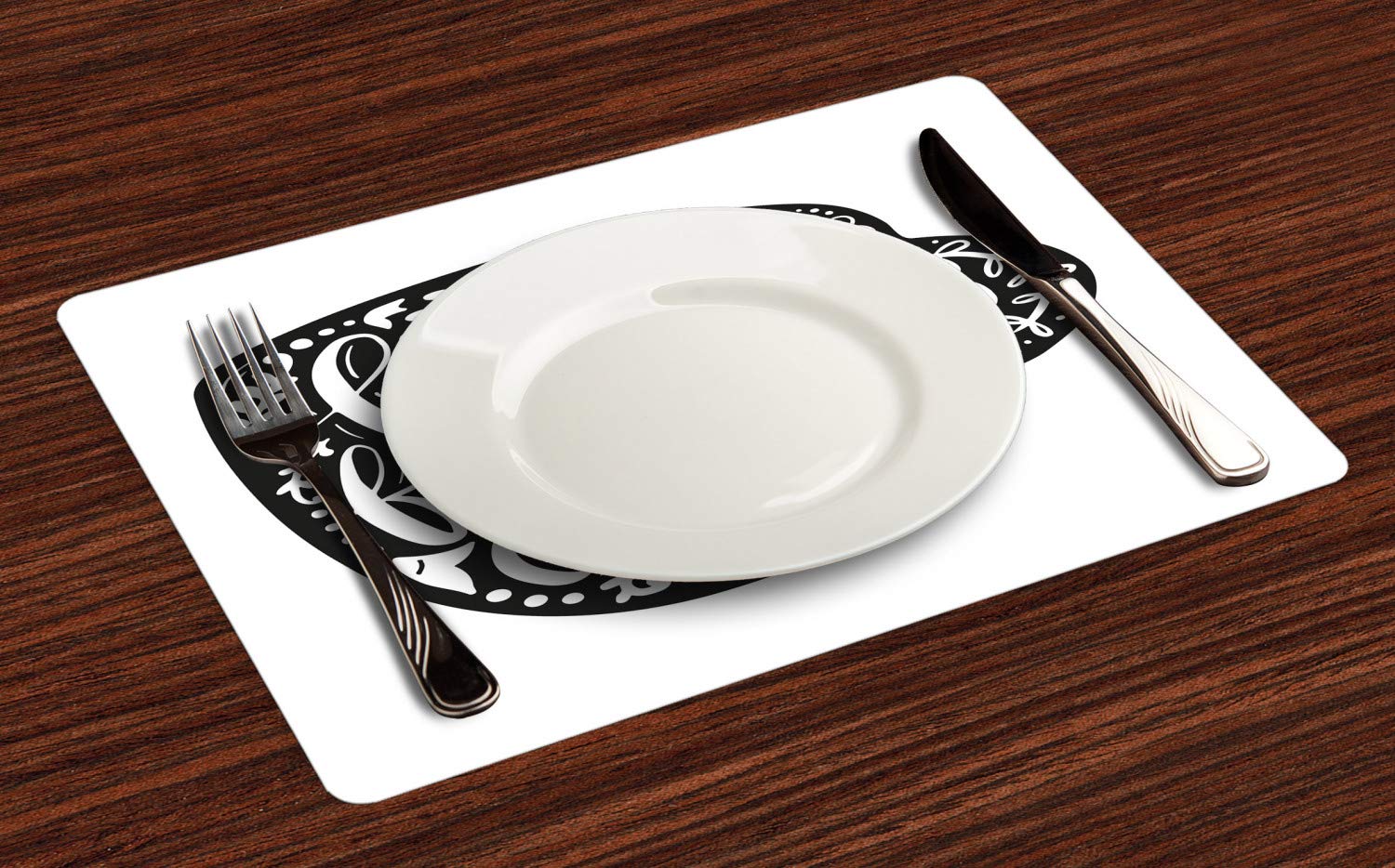 Ambesonne Coffee Themed Placemats Set of 4 - Monochrome Botanical Mug Design Washable Fabric Dining Table Mats - Standard Size 12x18 Inch - Charcoal Grey & White - Perfect for Breakfast Nook, Coffee Shops & Kitchen Decor