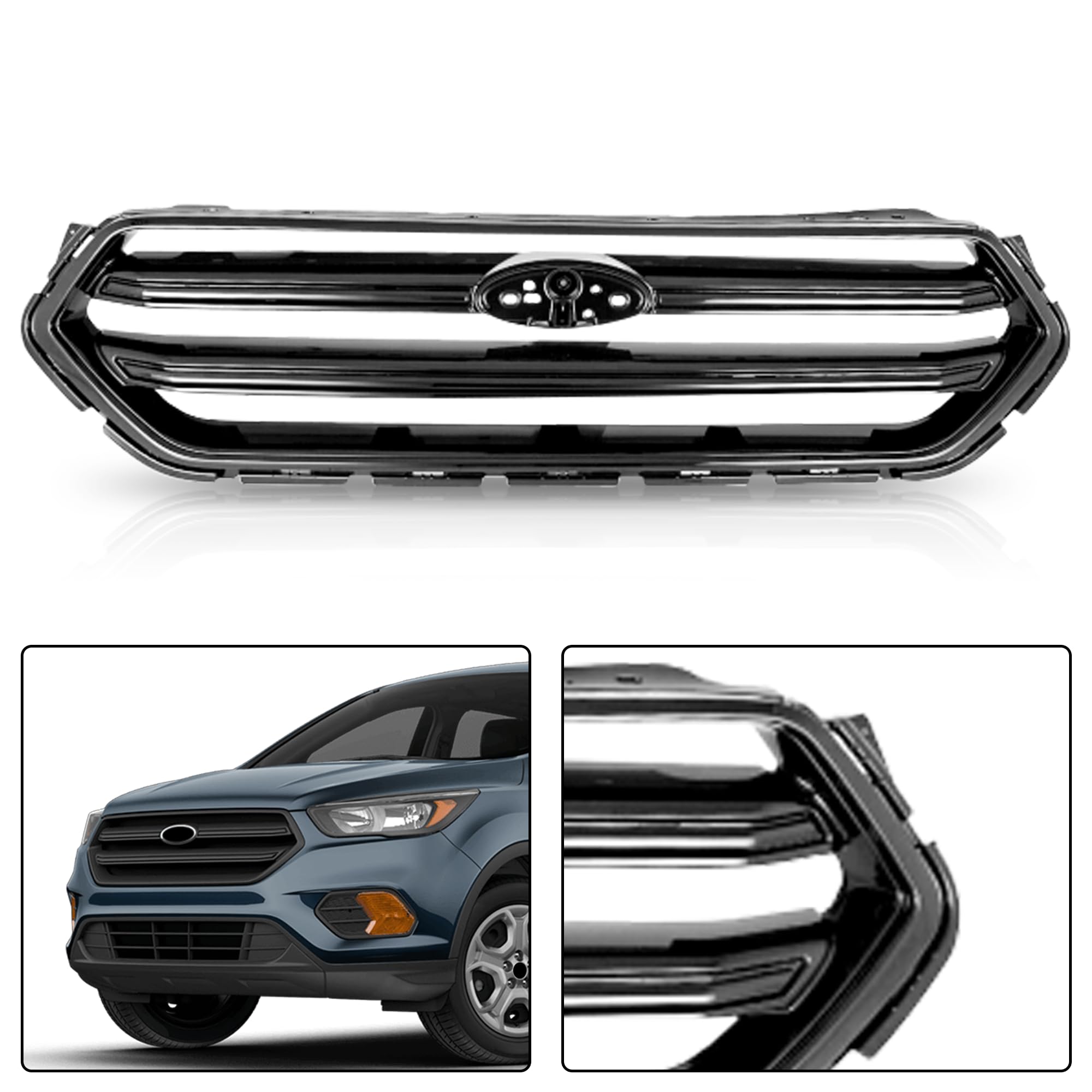 2017-2018-2019 Ford Escape Front Upper Bumper Grille - Glossy Black Replacement (Part #GJ5Z8200B) | Perfect for Off-Roading & Custom Car Upgrades