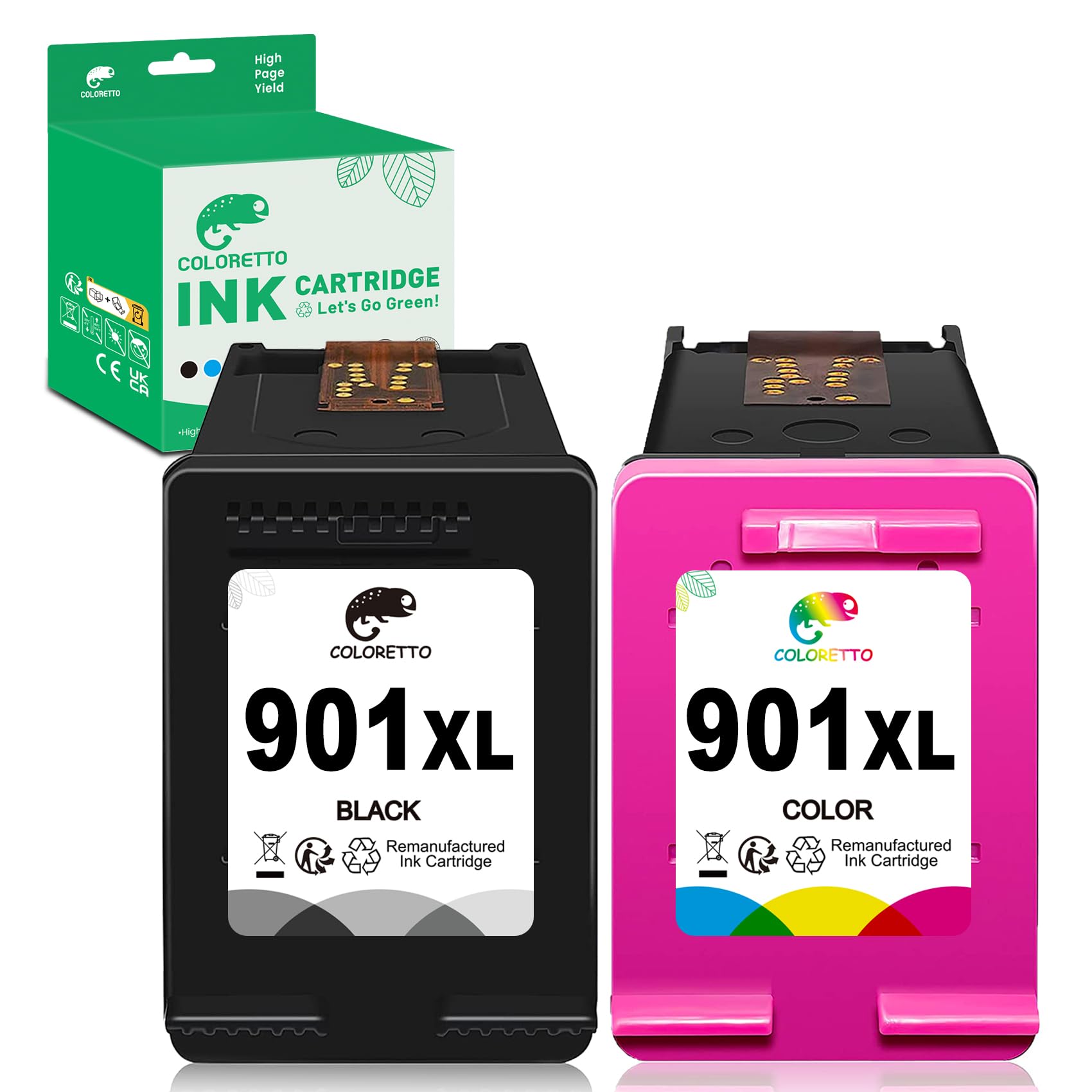 COLORETTO Remanufactured HP 901XL Ink Cartridges - 2-Pack (1 Black & 1 Tri-Color) - High-Yield Compatible with HP Officejet 4500, J4524, J4540, J4550, J4580, J4624, J4660, J4680, J4860, G510a, G510g, G510n Printers - Perfect for Home Office & Small Business Printing Needs