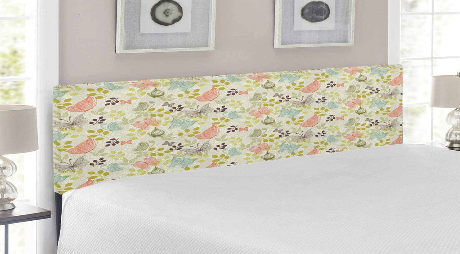 Ambesonne Vintage Butterfly Upholstered Headboard - King Size Floral & Animal Sketch Design with Memory Foam - Decorative Metal Bed Frame Headboard for Master Bedroom, Guest Room & Nursery Decor