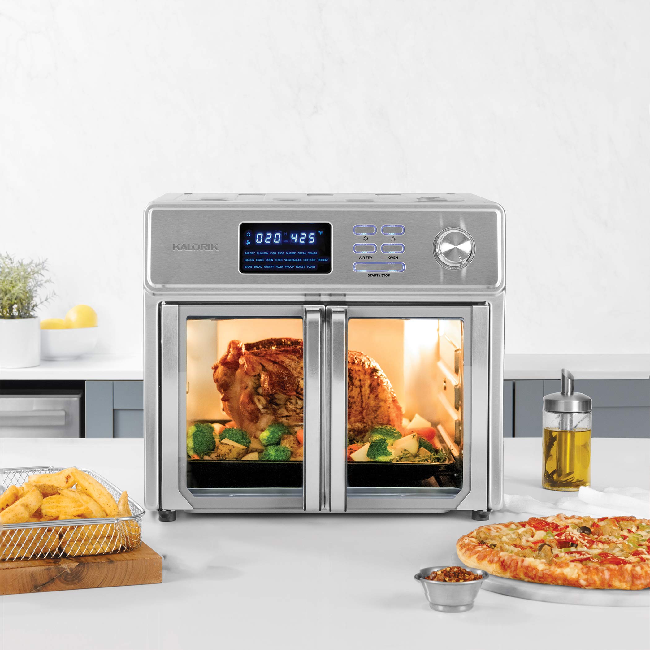 Kalorik 26 QT Digital Maxx Air Fryer Oven - 7-in-1 Multi-Function Countertop Convection Oven with Rotisserie, Dehydrator, Toaster & Slow Cooker | Includes Cookbook | 500°F Fast Heating | Extra Large Capacity Stainless Steel Appliance | Perfect for Family Cooking, Meal Prep & Healthy Air Fried Recipes (Model AFO 47269 SS)