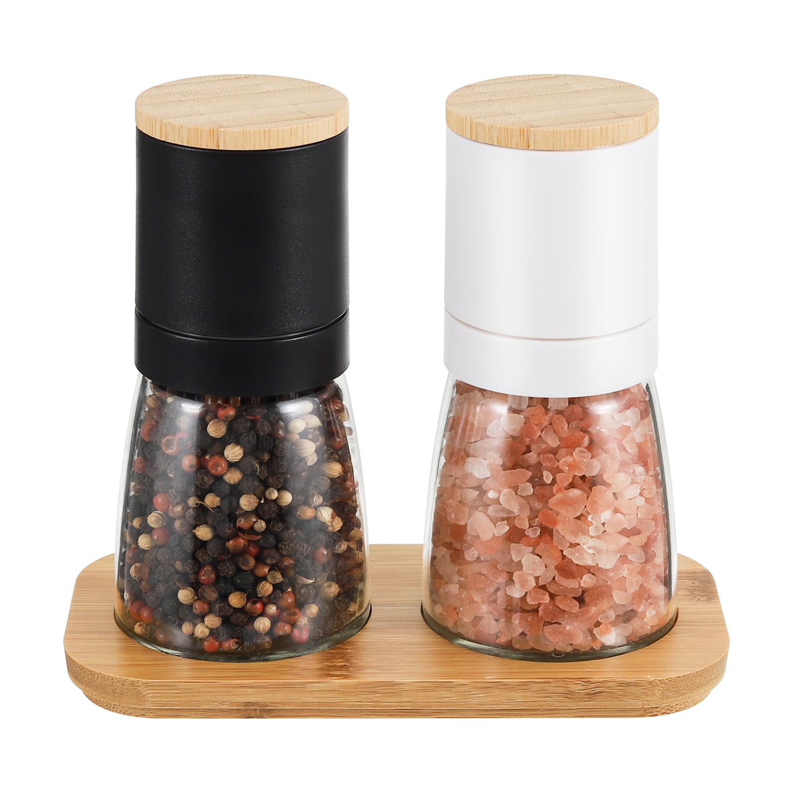 Premium VUCCHINI Salt and Pepper Grinder Set - Refillable Bamboo Lid & Wood Stand - Adjustable Coarseness for Sea Salt, Black Pepper - Perfect for Kitchen, Dining Table & BBQ Party Gifts