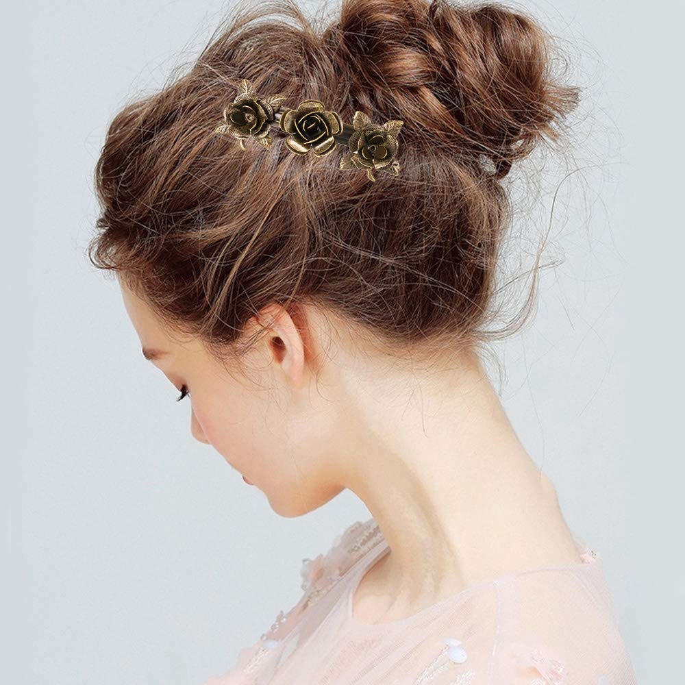 Vintage French Hair Barrettes - 4Pcs Rose Flower Feather Clips for Women, Perfect for Weddings & Parties