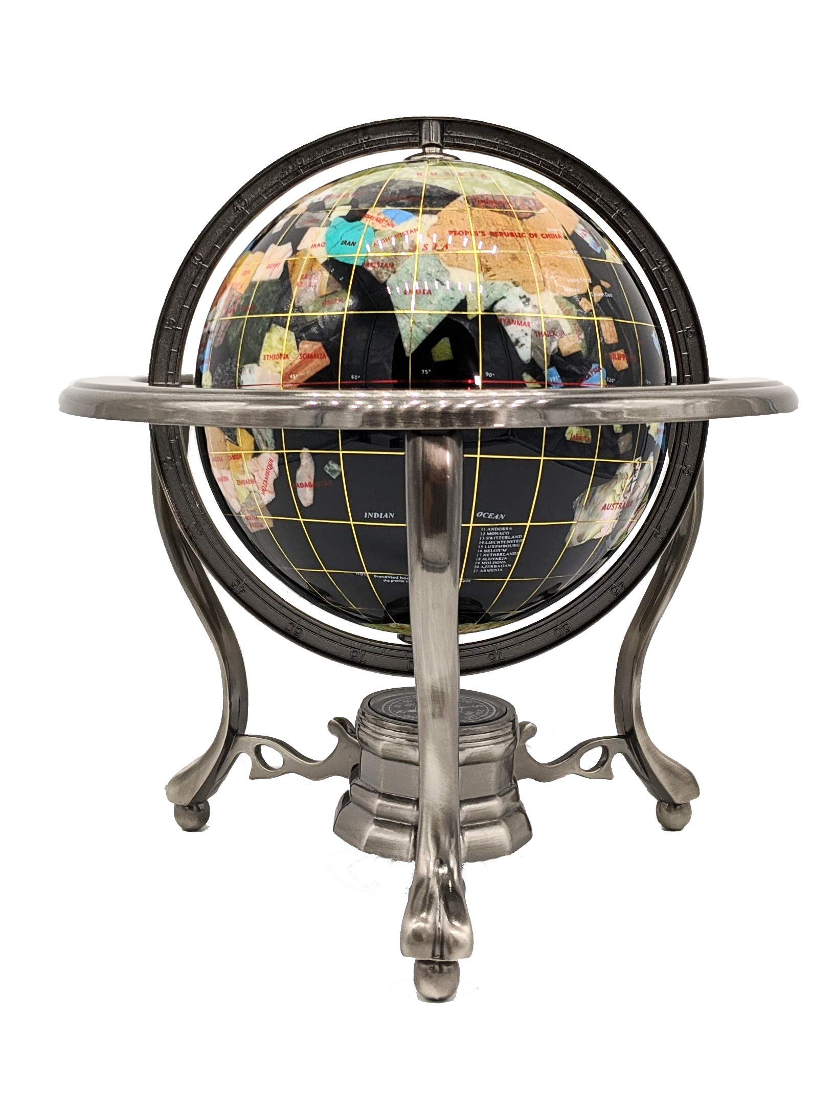 10-Inch Black Onyx Ocean Gemstone World Globe with Silver Tripod Stand - Unique Handcrafted Tabletop Decor for Home, Office & Gifts | Perfect for Travel Lovers & Geography Enthusiasts