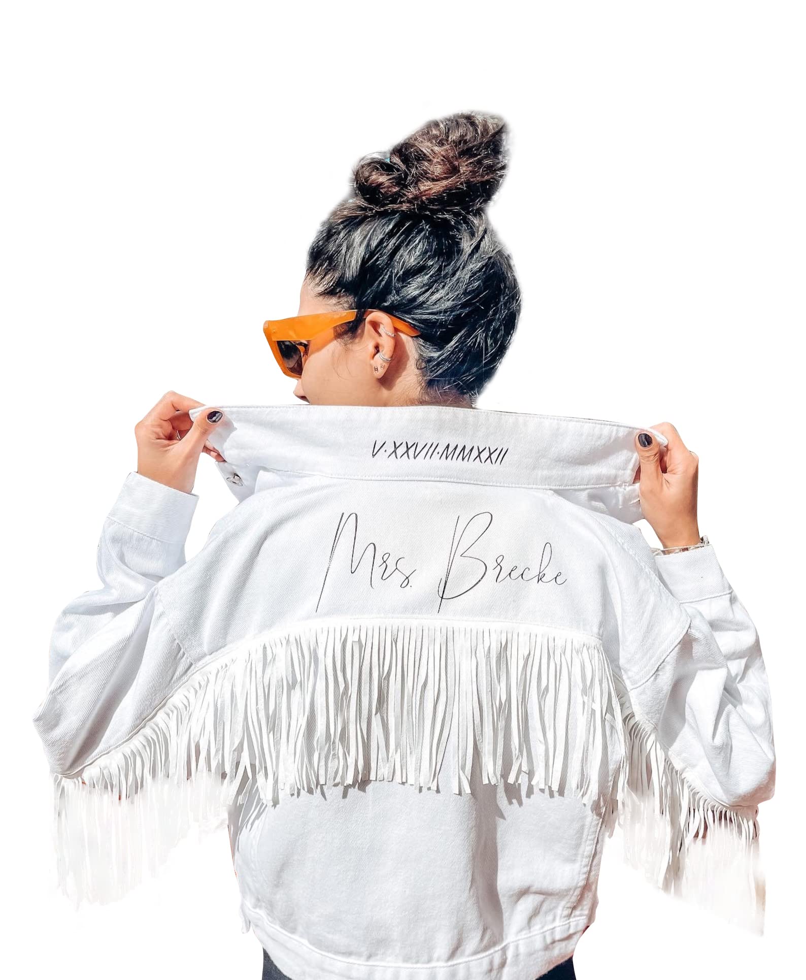 Personalized Cropped White Fringe Denim Jacket for Women - Custom Future Mrs Jean Jacket | Perfect for Bachelorette Parties, Country Concerts & Western Fashion