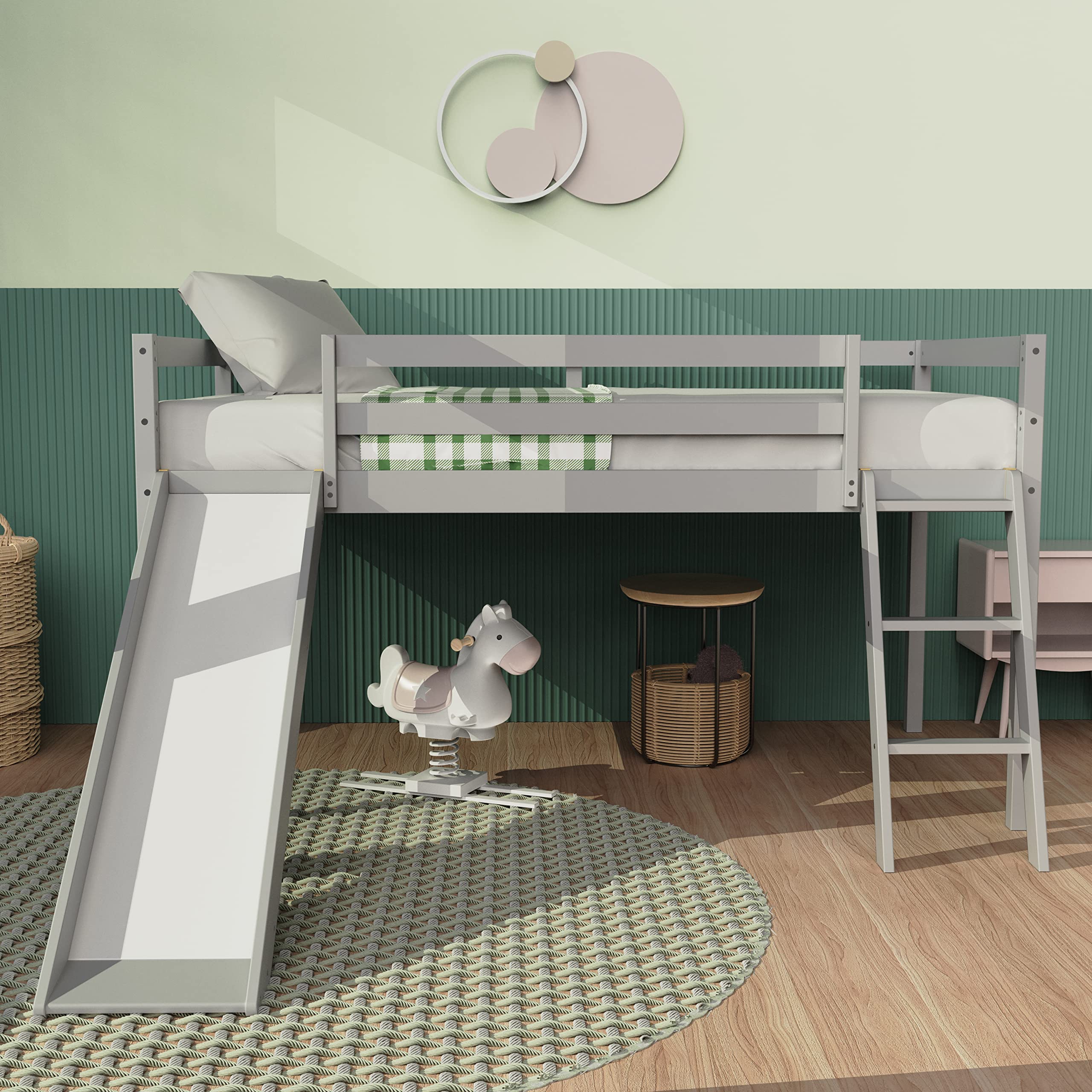 TOLEAD Twin Loft Bed with Slide - Wooden Low Bunk Bed Frame for Kids & Toddlers with Climbing Ladder & Storage Space, Grey - Perfect for Small Bedrooms, Playrooms & Sleepovers
