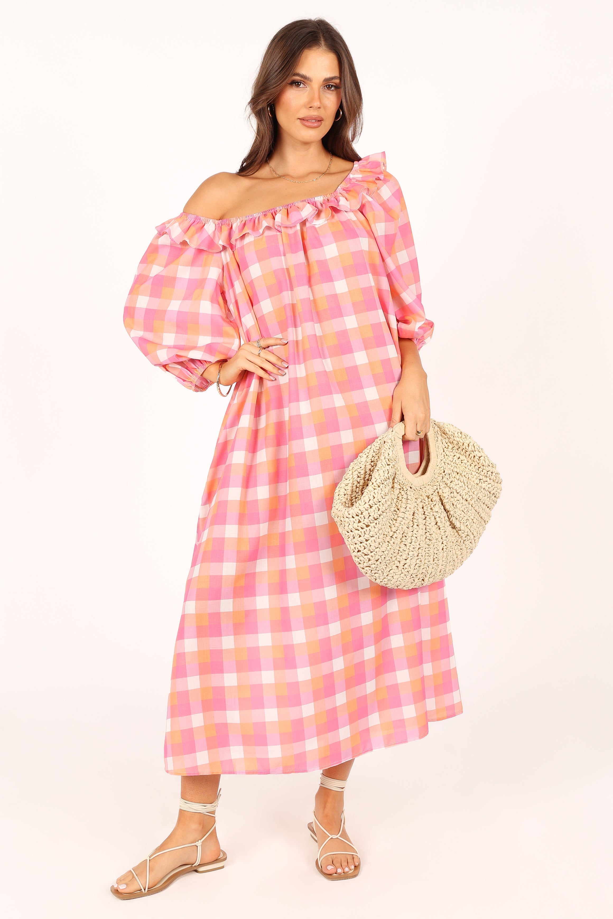 Georgia Off Shoulder Midi Dress - Pink Gingham Floral Summer Dress for Women, Perfect for Beach Vacation, Date Night & Outdoor Parties
