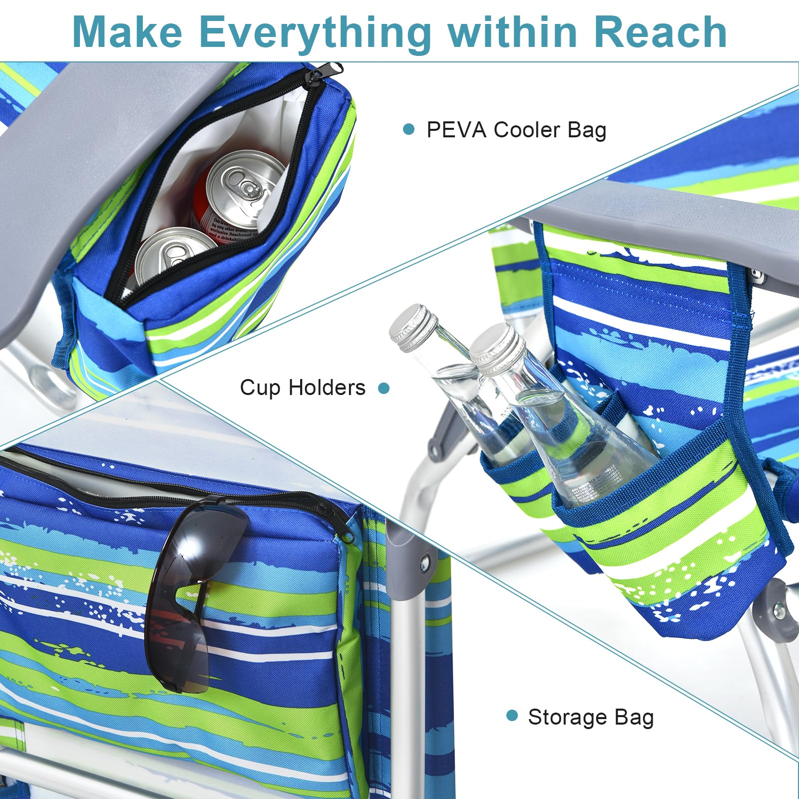 GYMAX 2-Pack Portable Folding Beach Chairs with Backpack Straps, Armrests, Cooler Bag, Cup Holder & Storage Pockets - Lightweight Camping Lounge Chairs for Outdoor, Picnic, Poolside, Backyard & Beach Relaxation (Blue Stripes)