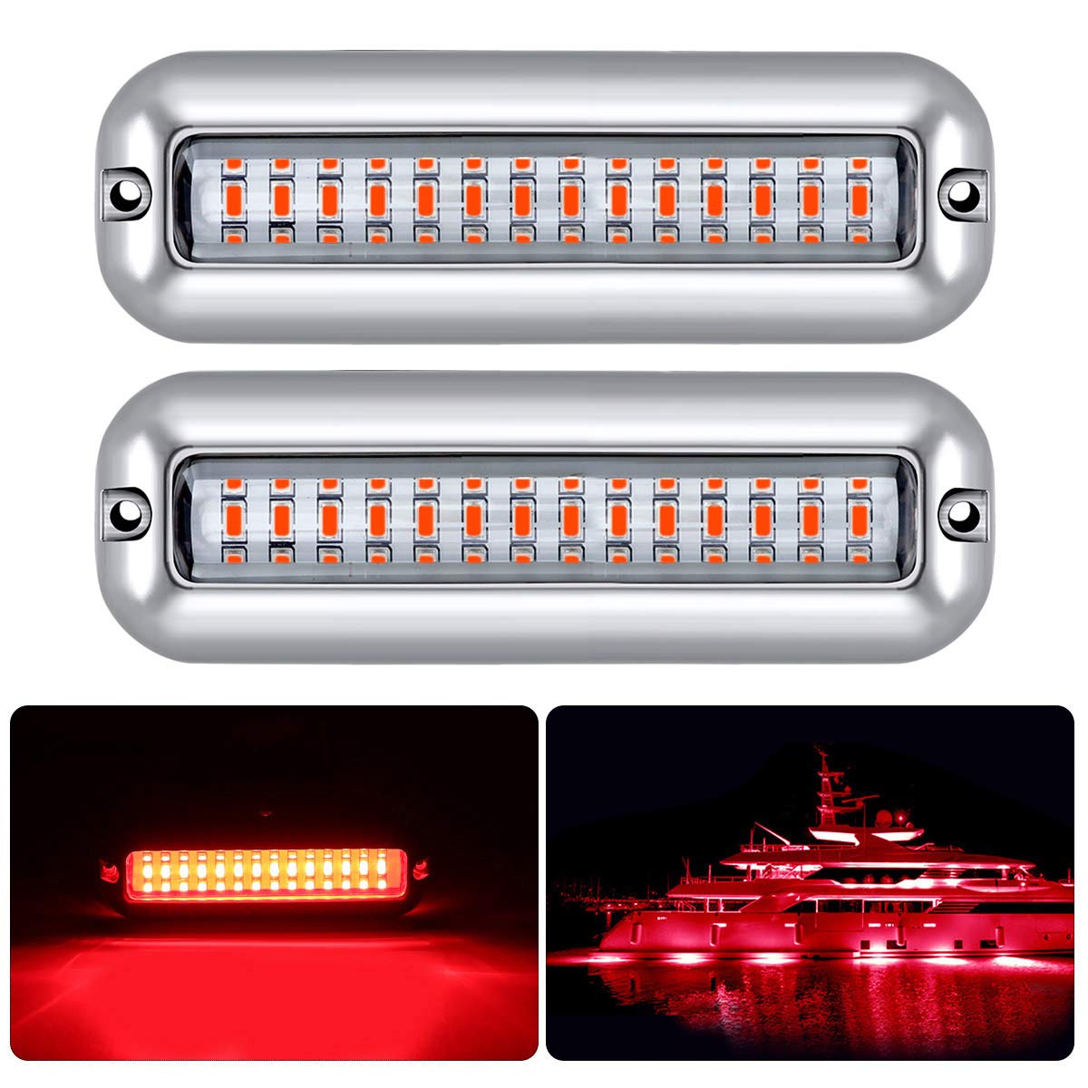 Kawell 42 LED Boat Lights Waterproof IP68 Stainless Steel Underwater Pontoon Marine Navigation Lights (Red 2 Pack) - Perfect for Night Boating, Fishing & Dock Lighting