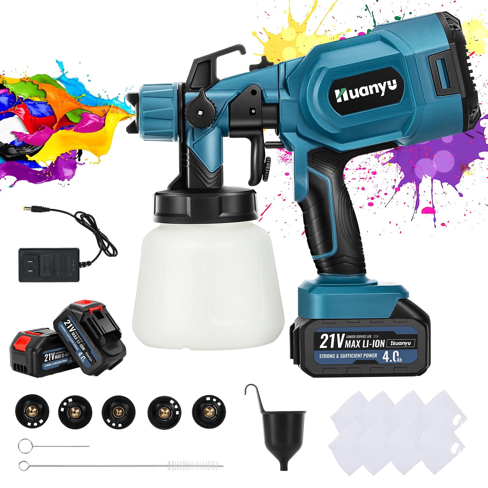 **Huanyu 21V Cordless Paint Sprayer with 2 Batteries (4.0Ah) - 900ml High Pressure Electric Spray Gun, 5 Nozzles & 3 Spray Patterns for Home Furniture, Walls, Fences & DIY Projects (Blue)**