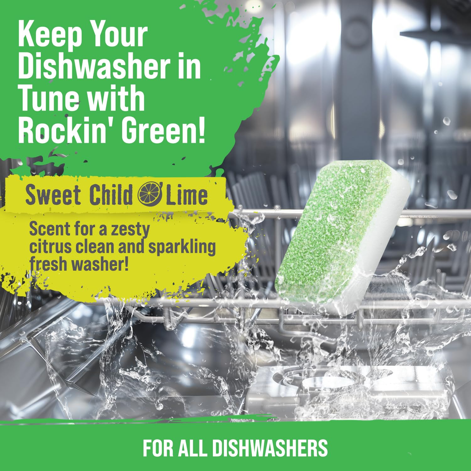 Rockin' Green Dishwasher Cleaner Tablets (8 Pack) - Septic Safe, Citric Acid Powered Dishwasher Cleaning & Deodorizing Tablets - Removes Limescale & Odor Buildup - Sweet Child O'Lime Scent - Perfect for Deep Cleaning & Maintaining Dishwashers in Homes & Restaurants