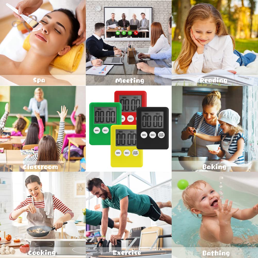 4-Pack Digital Kitchen Timer with Magnetic Back - Countdown Stopwatch Alarm Clock for Cooking, Baking, Gym, Study & Teeth Brushing (4 Colors) - Perfect for Home, School & Office Use