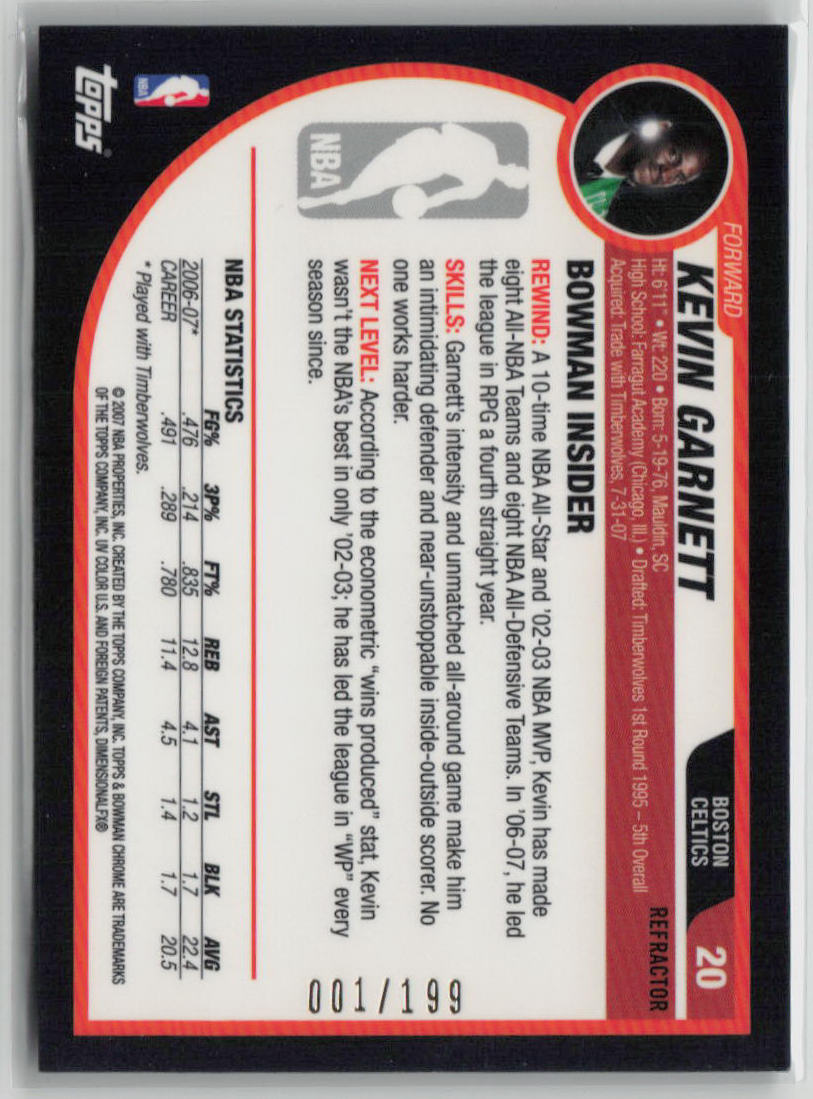 2007 Bowman Chrome Kevin Garnett Refractor Basketball Card 001/199 #20 - Rare Collectible for NBA Fans & Sports Memorabilia Enthusiasts