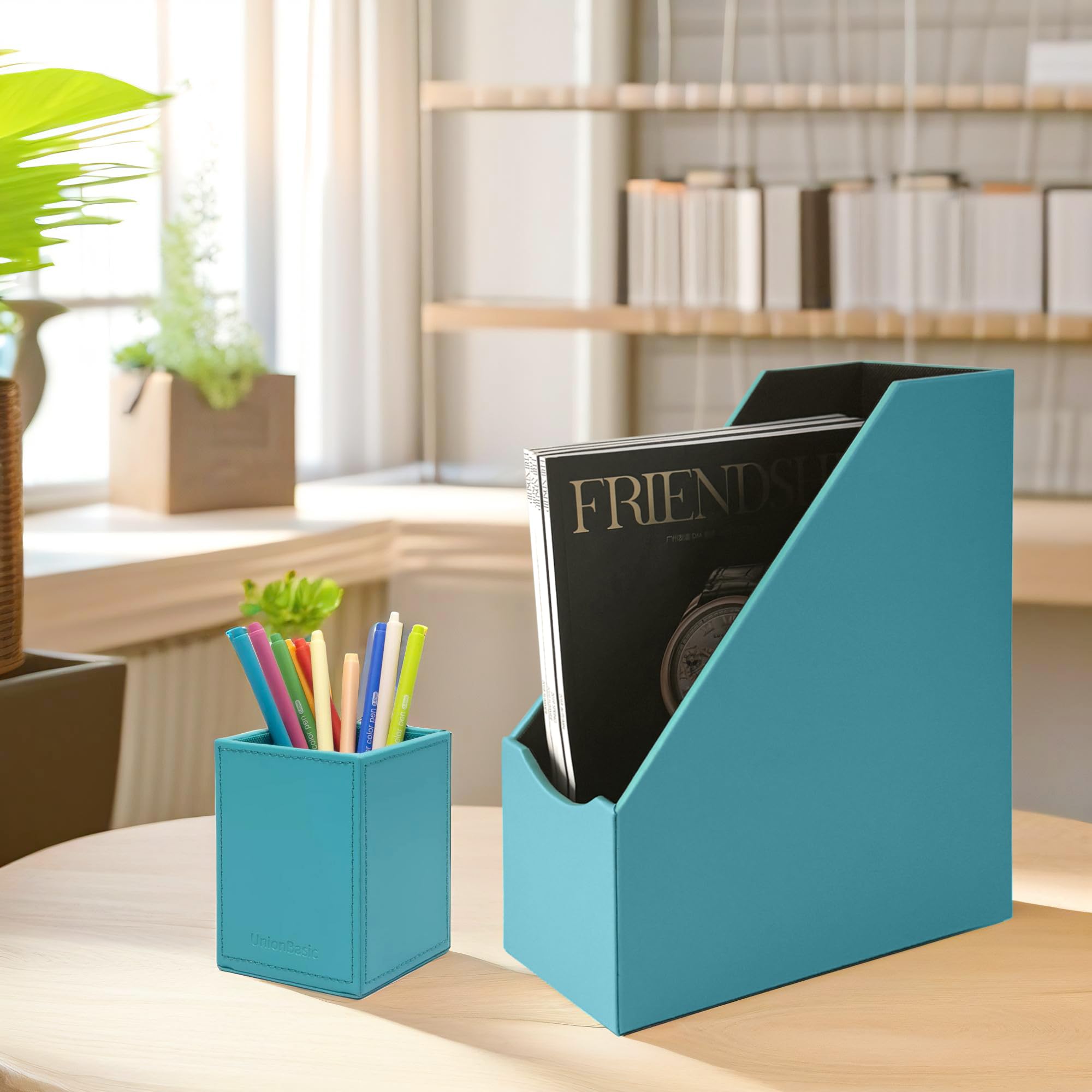 UnionBasic Leatherette Magazine File Holder - Peacock Blue Desktop Document Organizer for Home Office | Paper Storage, Literature Sorter | Perfect for Office Organization, School Supplies & Home Filing Systems
