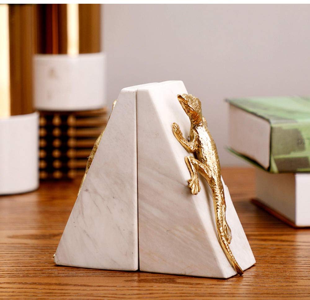 Golden Gecko Sculpture - Pair of Metal Crawling Geckos on Marble Base for Home & Office Décor | Elegant Desktop Statue for Living Room, Bookshelf, or Workspace Decor