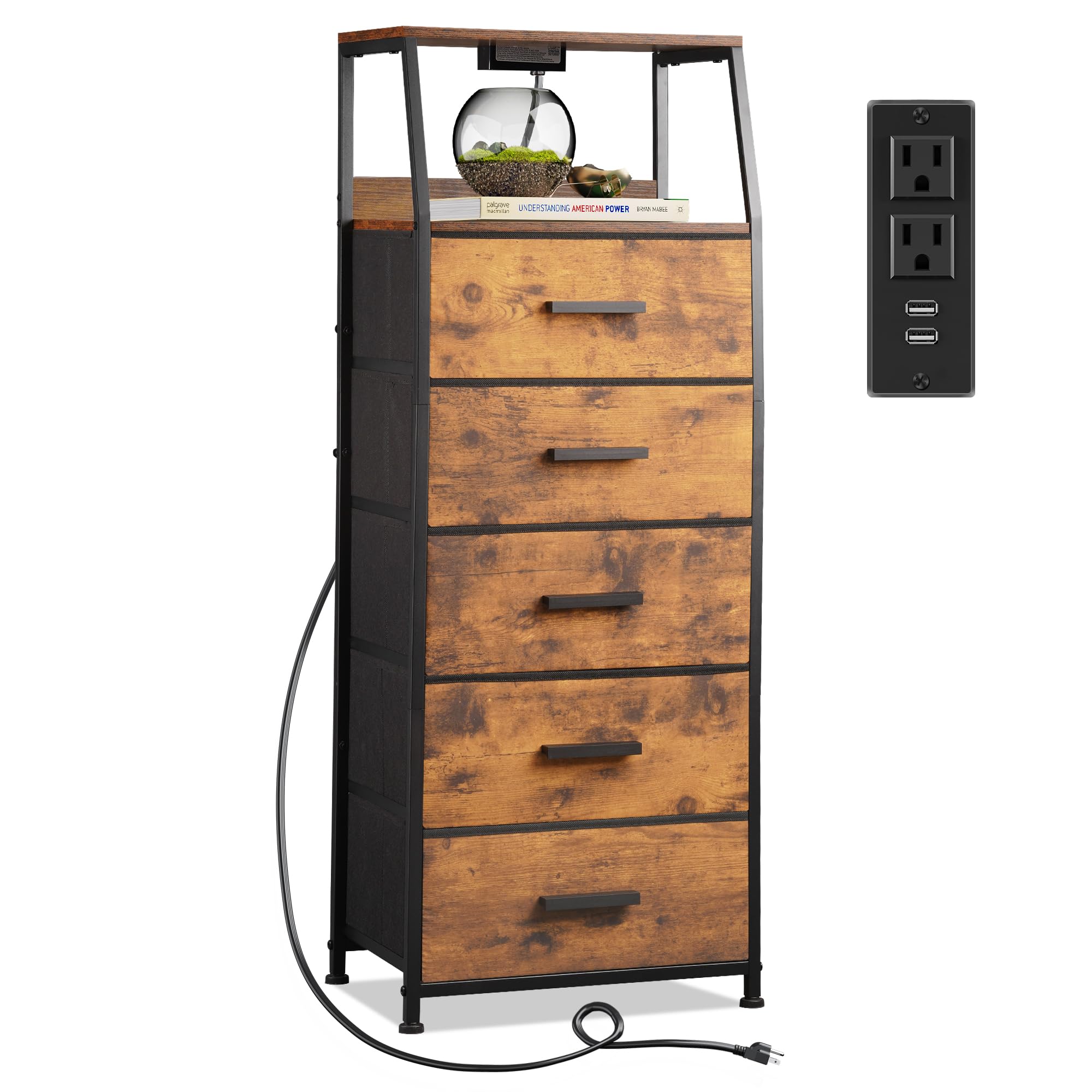 5-Drawer Nightstand Dresser with USB Charging Station, Fabric Storage Drawers & Open Shelf - Modern Bedside Table for Bedroom, Hallway, Entryway - Perfect for Small Spaces & Phone Charging