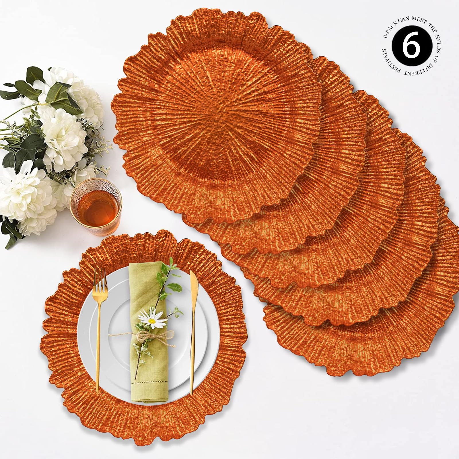 MAONAME 13-inch Orange Plastic Charger Plates - Set of 6, Elegant Dinner Plate Chargers for Wedding Decor, Party Table Setting & Holiday Dining