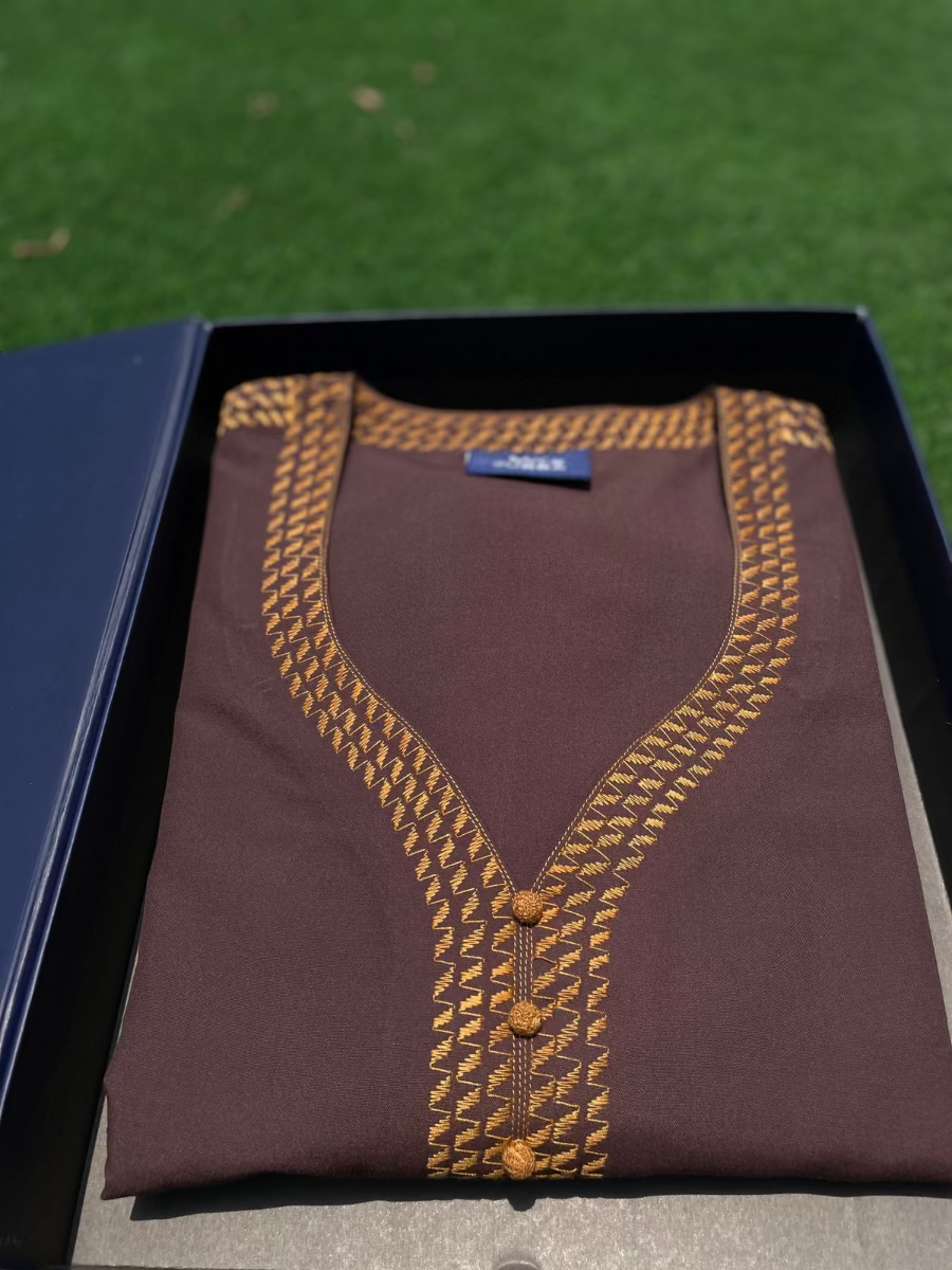 Men's Cinnamon Orange Embroidery Moroccan Thobe 3/4 Sleeve - Perfect for Eid, Ramadan & Special Occasions